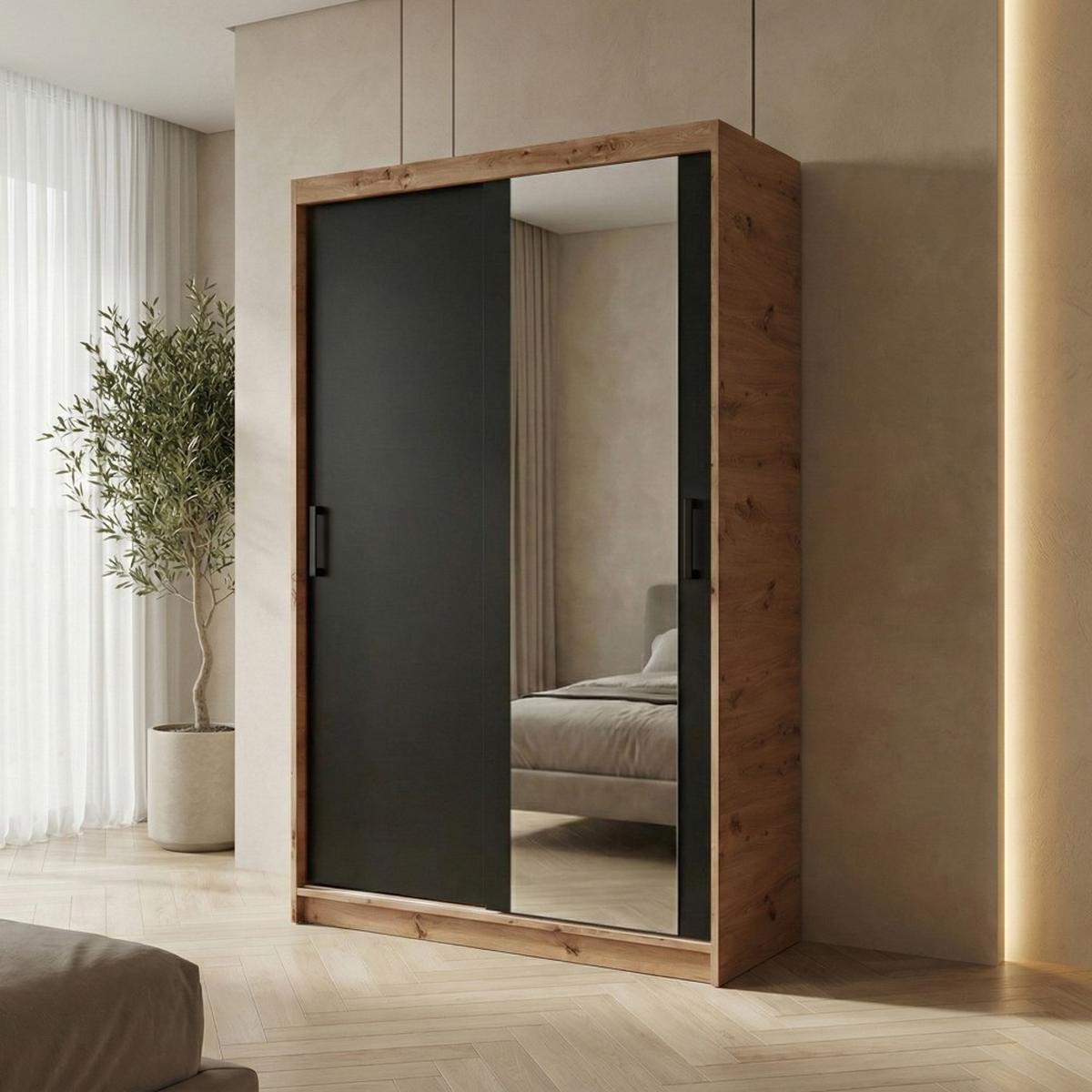 SCHWEBETÜRENSCHRANK Hela mit 2 Türen. 100 cm, eiche Artisan+Schwarz - Schwarz/Eiche Artisan, Holzwerkstoff (100/205/60cm) - Beautysofa