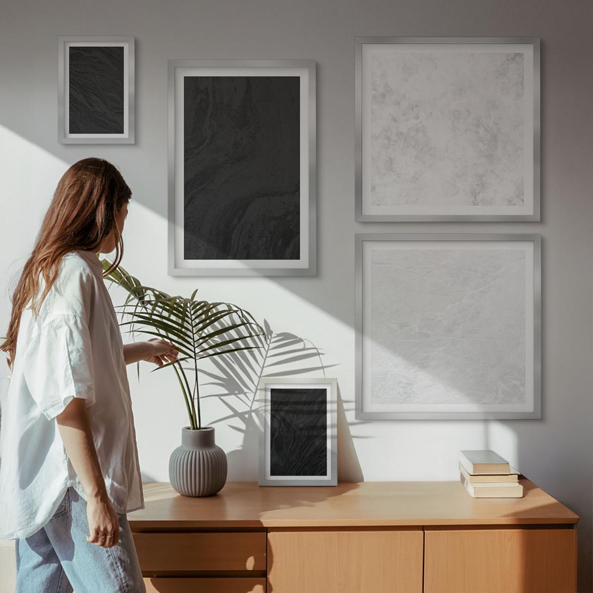 BILDER SET 5er Set - 50x50 cm & 20x30 cm & 40x60 cm Silberner Rahmen - Dunkles Licht, glamouröse Marmor - Silberfarben, Kunststoff (40/60cm) - TULUP