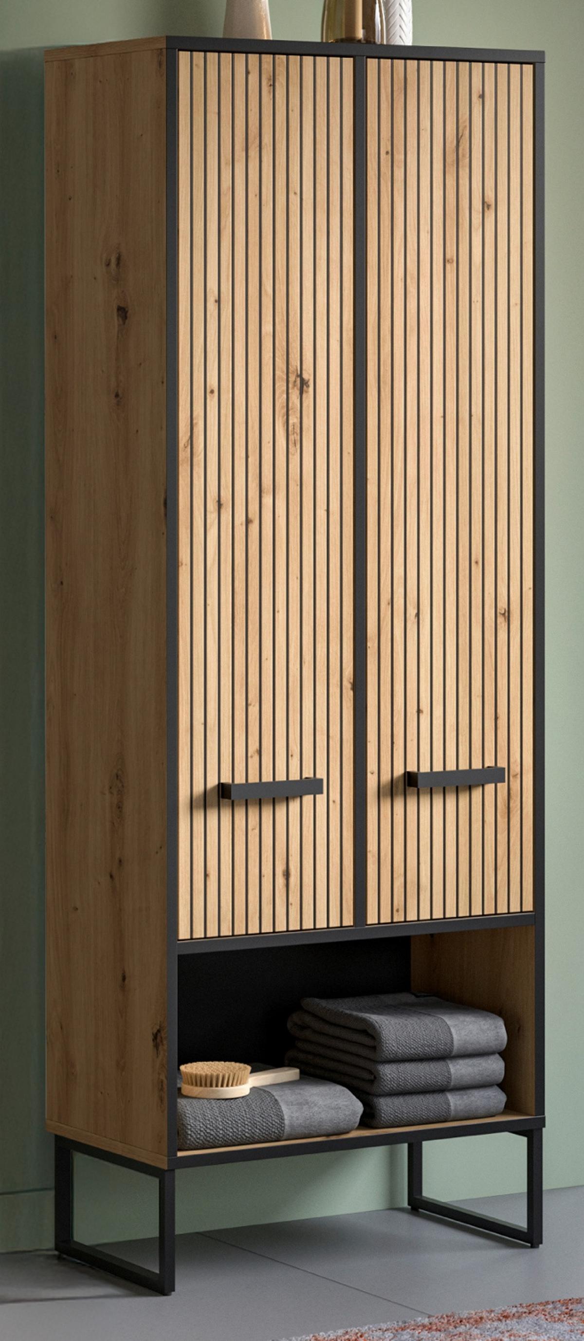 HOCHSCHRANK Eiche Artisan, schwarz 60 x 160 cm, Badezimmer Schrank mit Soft-Close - Schwarz/Eiche Artisan, Holzwerkstoff/Kunststoff (59/159/32cm) - Inn.Furn