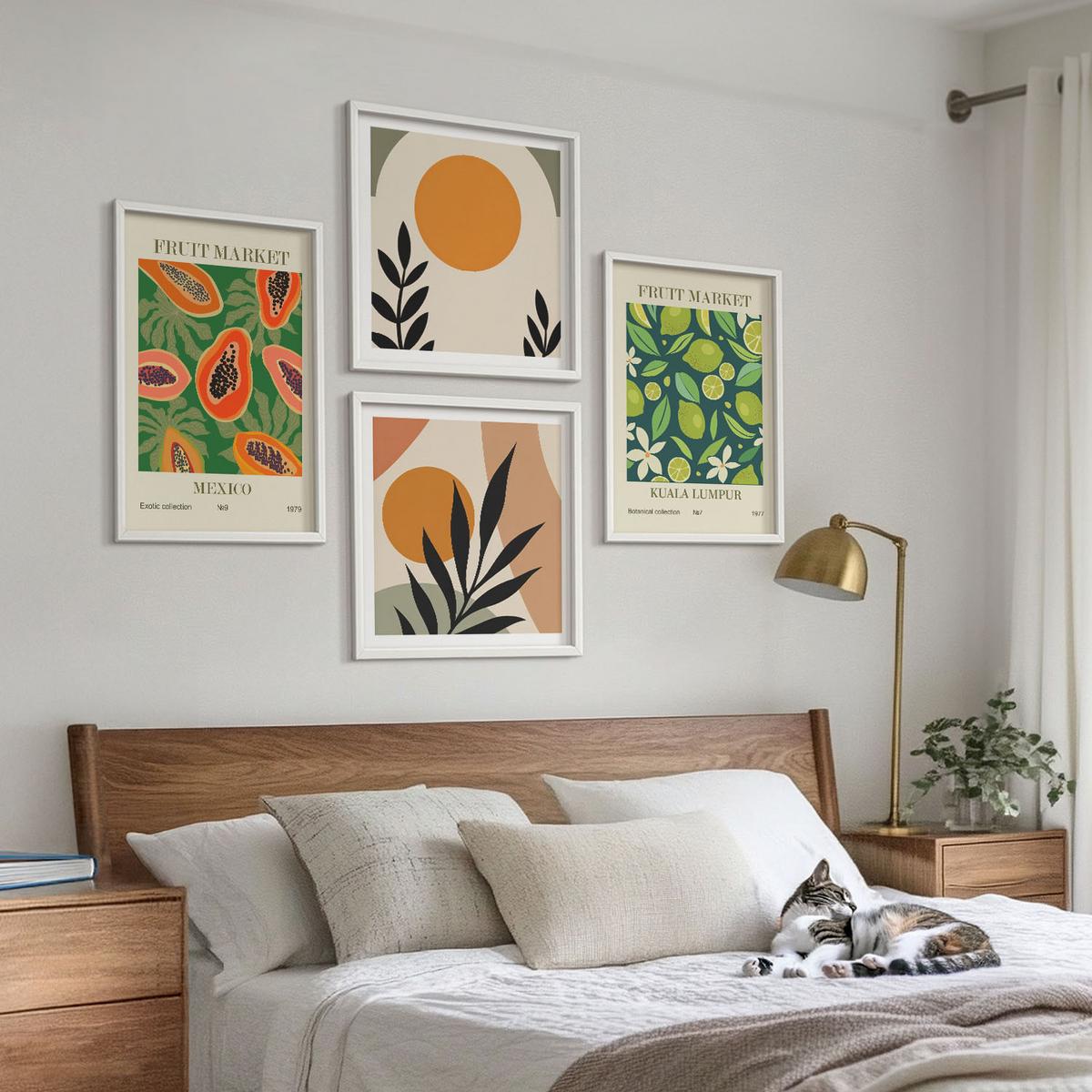 BILDER SET 4er Set - 50x50 cm & 40x60 cm Weißer Rahmen - Boho-Papaya-Fruchtmuster - Weiß, Kunststoff (50/50cm) - TULUP