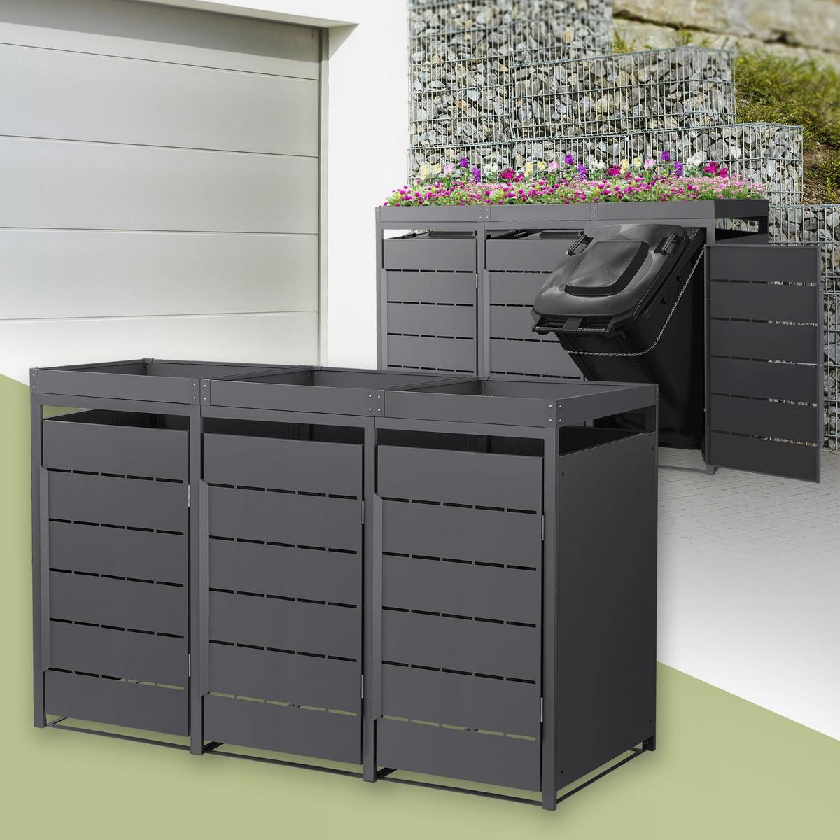 MÜLLTONNENBOX 3er mit Pflanzdach 240L 196x80x124 cm Anthrazit aus Stahl - Anthrazit, Metall (80/124/196cm) - ML-DESIGN