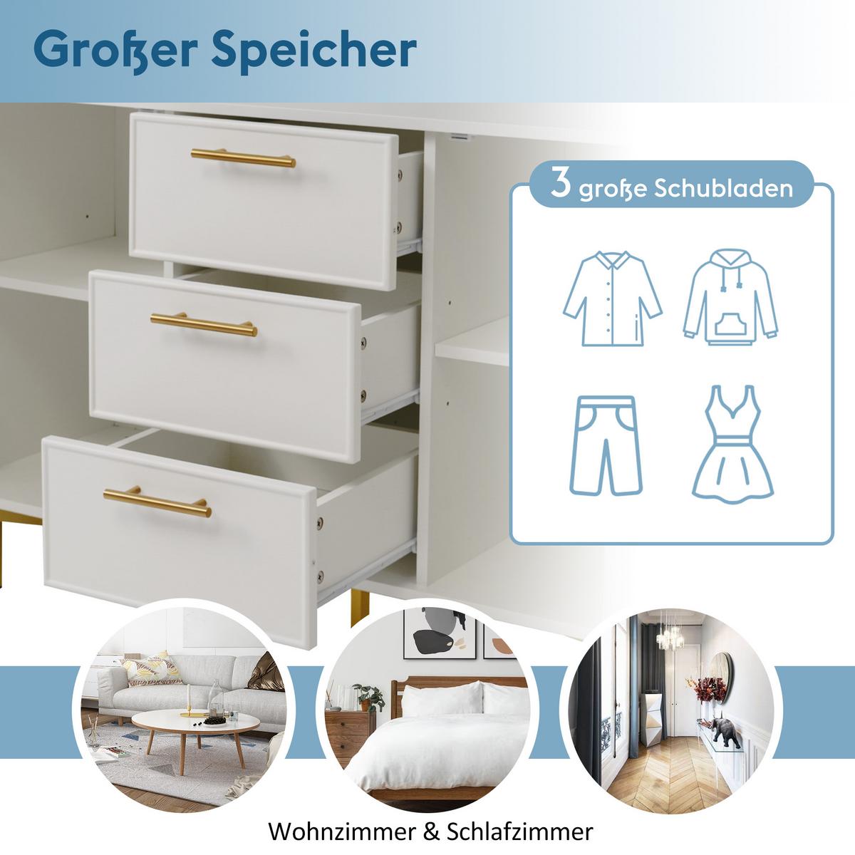 SIDEBOARD holzwerkstoff weiß mit rillenfront, 2 türen & 3 schubladen - Weiß, Holzwerkstoff (120/40/75cm) - Urban Meuble