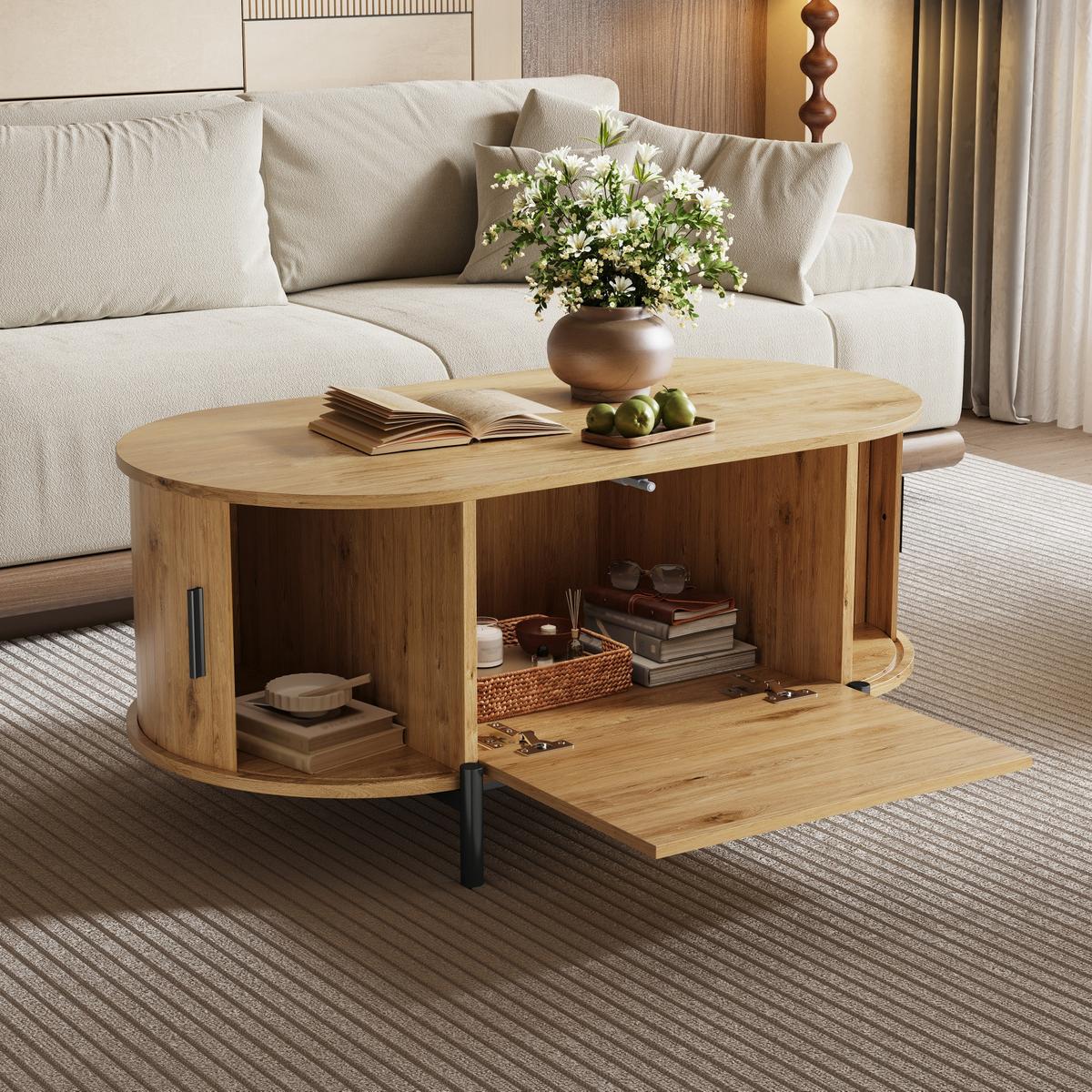 COUCHTISCH in holzoptik mit rattan, ovale form und schiebetüren - Naturfarben, Holzwerkstoff (50/100/40cm) - Urban Meuble