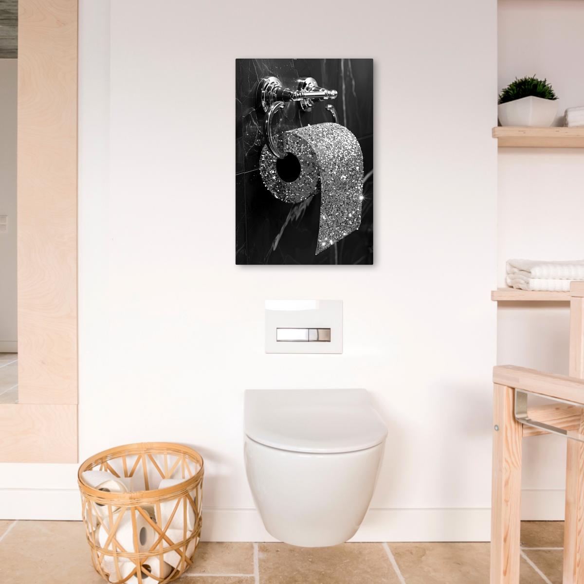 LEINWANDBILD WC - Toilettenpapier - Schwarz und weiß - Glitter Wanddeko 40x60 cm - Silberfarben, Textil (40/60cm) - MuchoWow