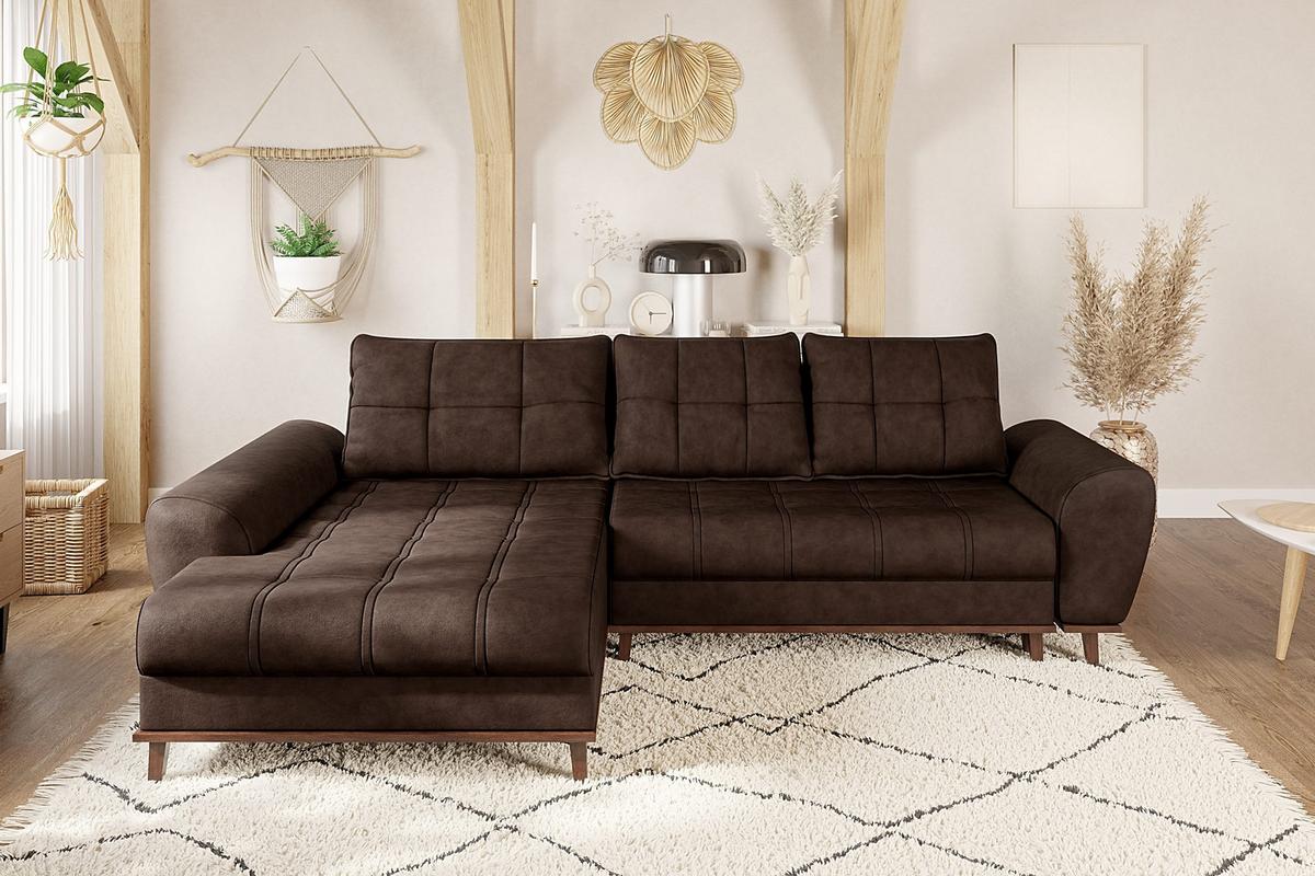 ECKSOFA im Scandi-Stil, Schlaffunktion, Bettkasten B268/T175/H86 cm, Ottomane links, Liegefl. 128x209 cm, Mikrofaserstoff in Vintage Braun / 21018 - Wildeiche/Eiche Bianco, Holz/Textil (268/175cm) - luma-home