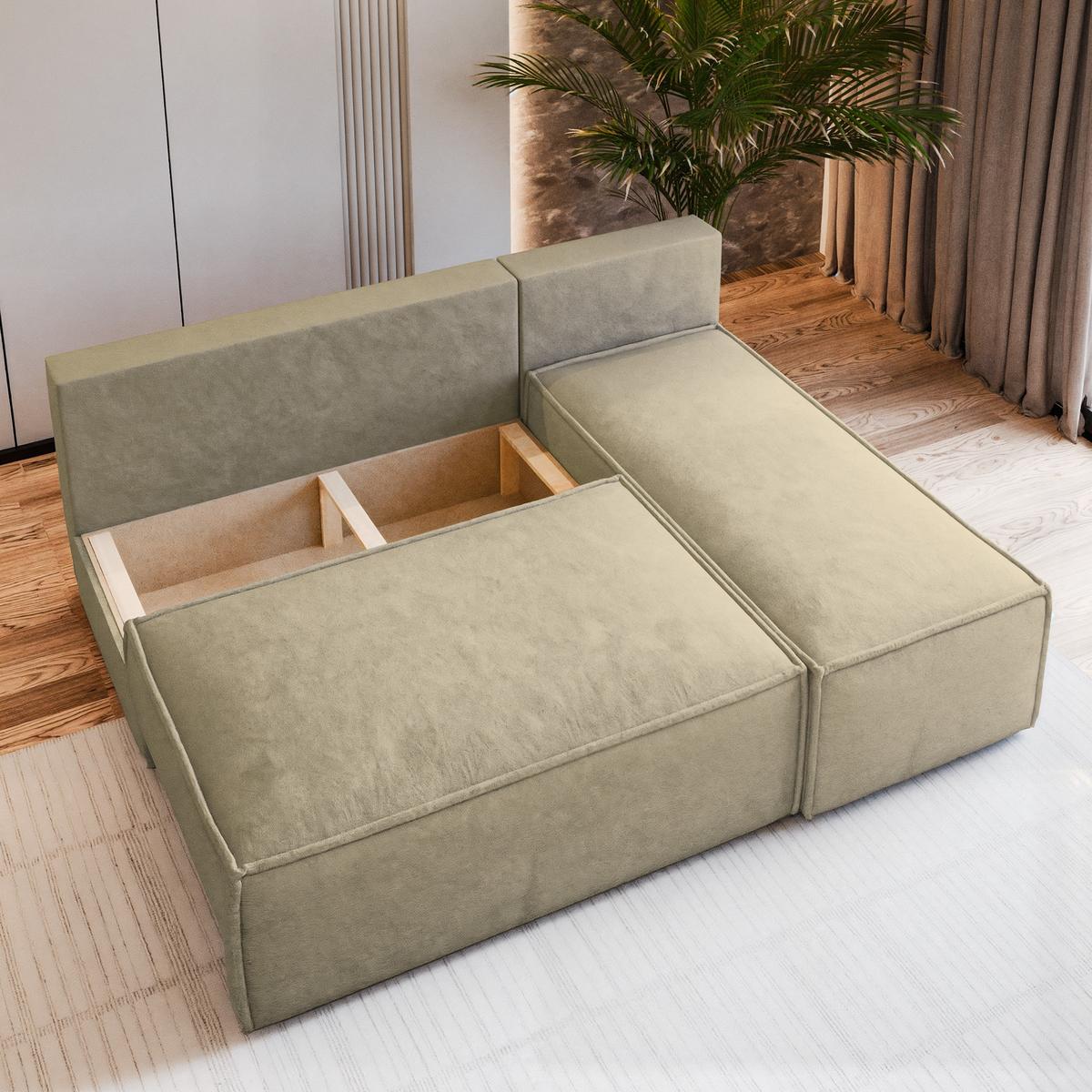 ECKSOFA BRISO M Creme Velours-Stoff mit Schlaffunktion - Creme/Grau, Holz/Kunststoff (200/140cm) - MASSENO