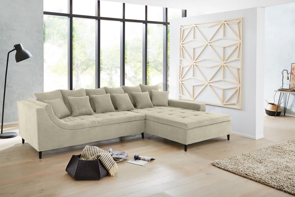 ECKSOFA mit dekorativen Steppungen und Rutschenlehne, seitenverkehrt montierbar B326/T213/H91 cm, Cord Beige Grau / 15223 - Greige/Schwarz, Textil/Metall (326/213cm) - luma-home