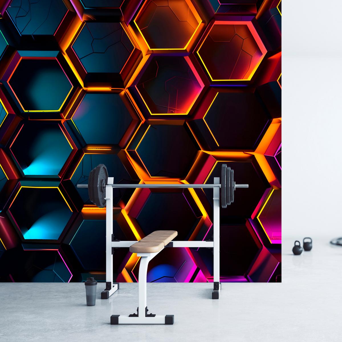 FOTOTAPETE für Jugendzimmer Schwarz Neon Hexagone 300x210 - Gelb/Schwarz, Papier (300/210cm) - Muralo