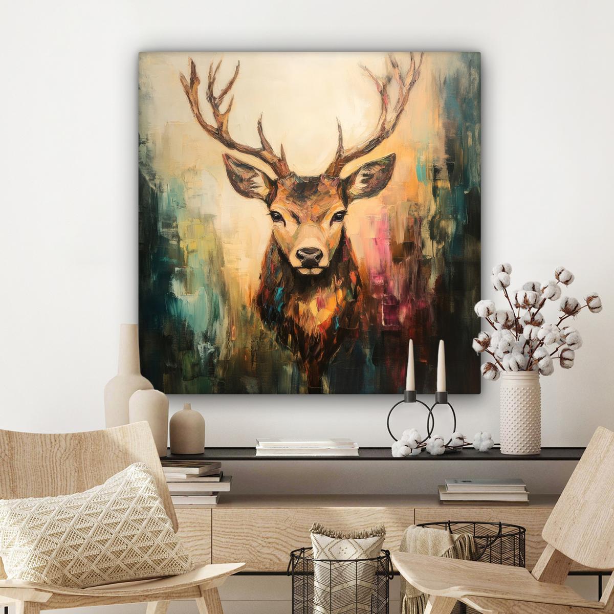 LEINWANDBILD Hirsch - Gemalt - Geweih - Braun Deko Groß 90x90 cm - Haselnussfarben, Textil (90/90cm) - MuchoWow