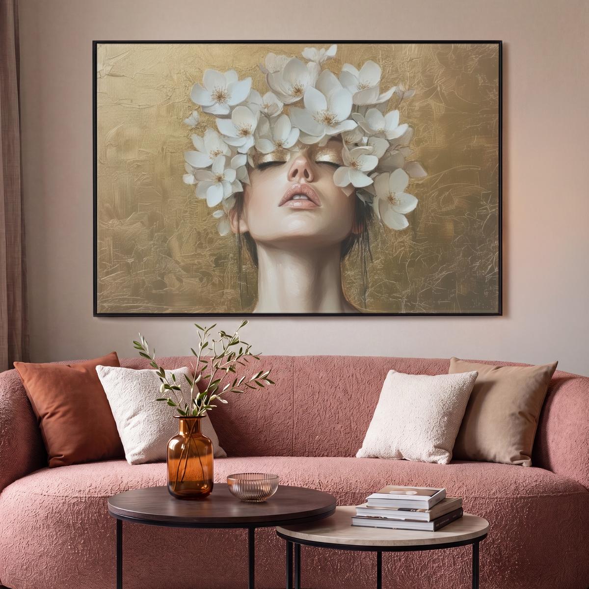LEINWAND Bilder mit Rahmen - Gesicht - Blumen - Gold - Abstrakt - 140x90 - Goldfarben, Textil (140/90cm) - MuchoWow