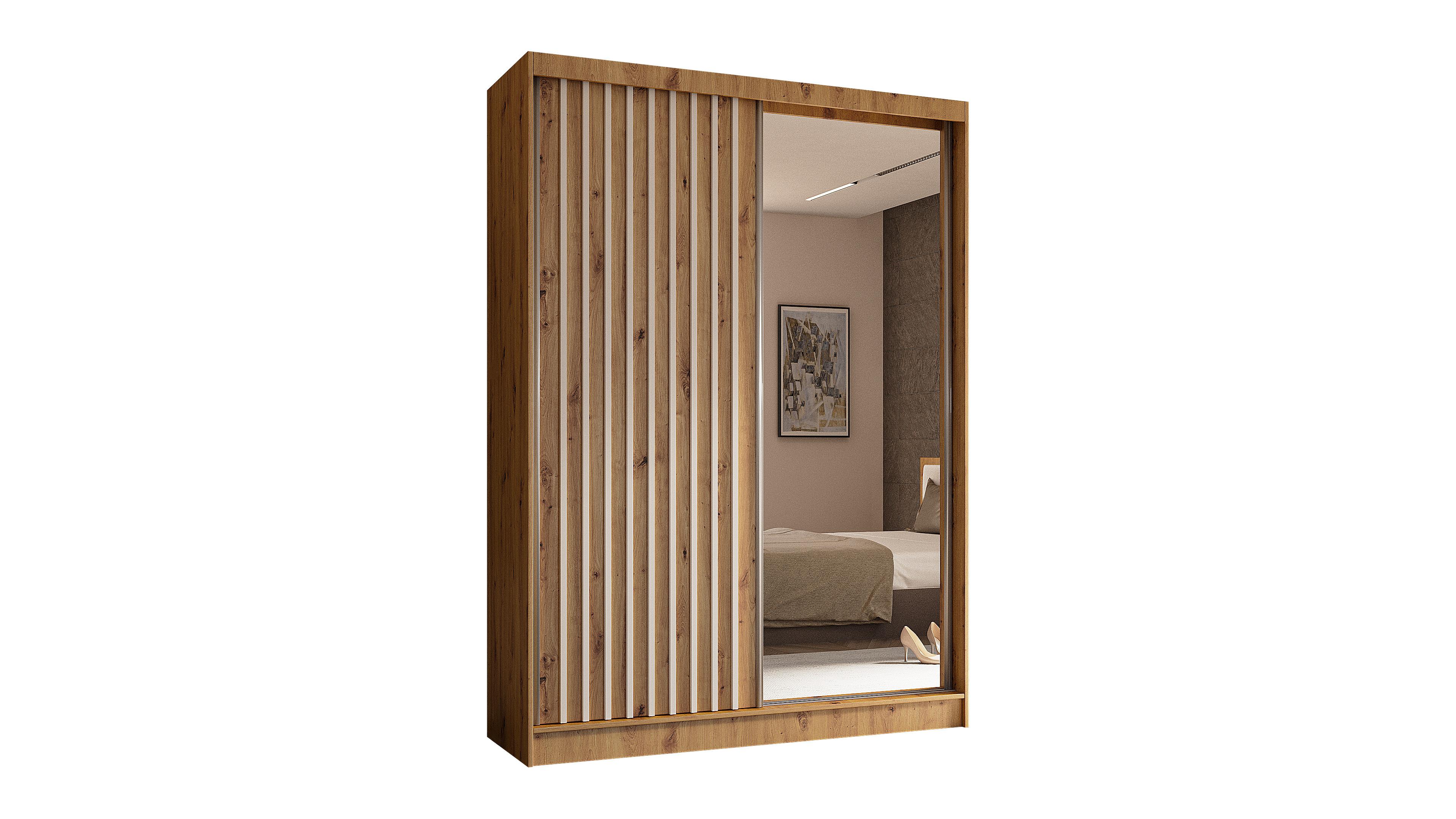 KLEIDERSCHRANK mit Spiegel-Schiebetüren und Aluminium-Leisten, LED-Beleuchtung - LAMELO - 150 cm Artisan+Artisan+Weiß - Eiche Artisan/Weiß, Holzwerkstoff (150/216/61cm) - ALTDECOR