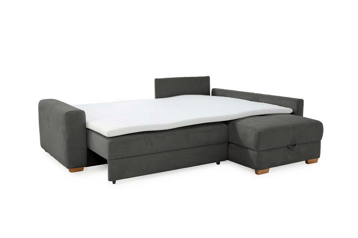ECKSOFA-DAUERSCHLÄFER Boxspring Federkern Topper Bettkasten, seitenverkehrt montierbar B257/T206/H85 cm, Cord Dunkelgrau / 15211 - Dunkelgrau/Eichefarben, Holz/Textil (257/206cm) - luma-home