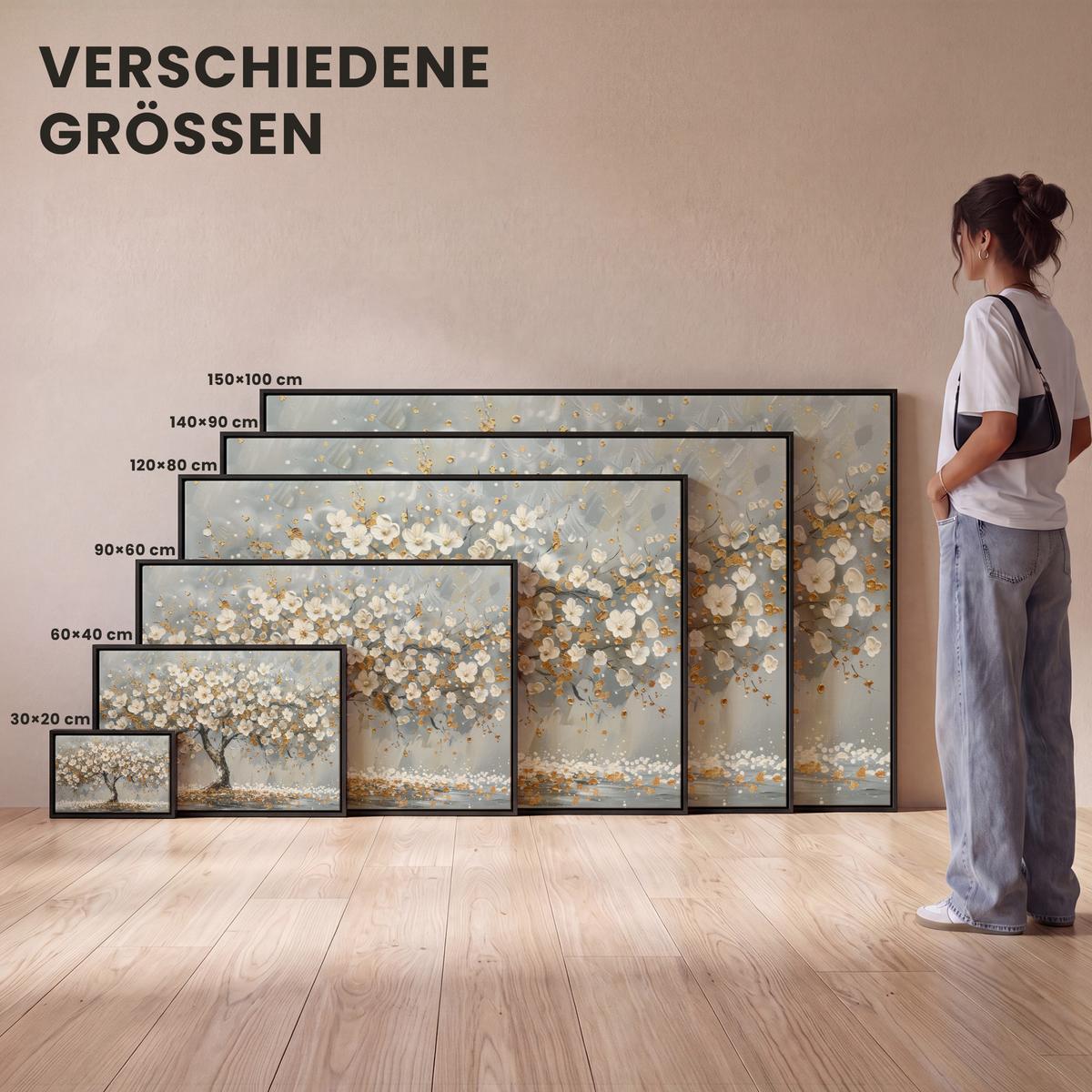 LEINWAND Bilder mit Rahmen - Baum - Blumen - Weiß - Natur - Kunst - 140x90 - Weiß, Textil (140/90cm) - MuchoWow