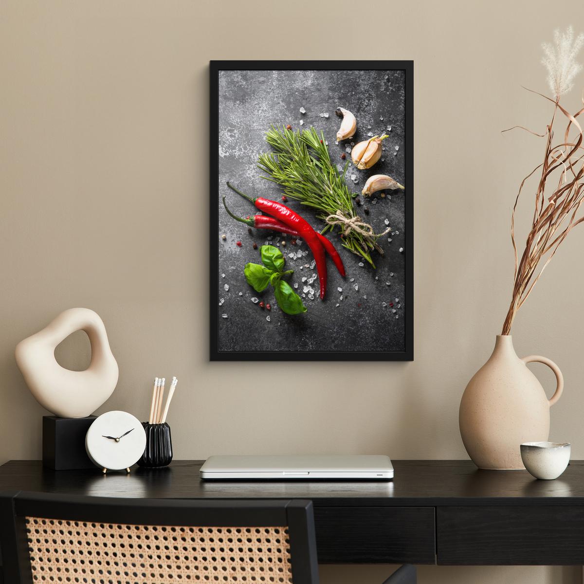 POSTER MIT RAHMEN Pfeffer - Kräuter - Gewürze - Beton Bilder mit Rahmen 40x60 cm - Dunkelgrau, Papier (40/60cm) - MuchoWow