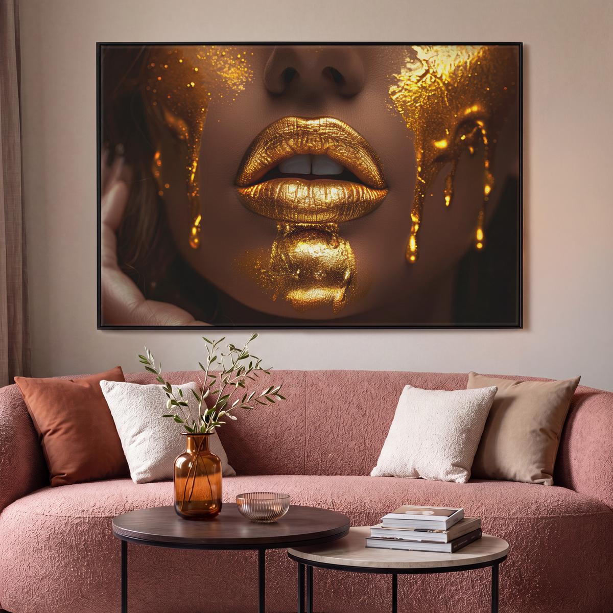 LEINWAND Bilder mit Rahmen - Frau - Gold - Luxus - Porträt - 140x90 - Goldfarben, Textil (140/90cm) - MuchoWow