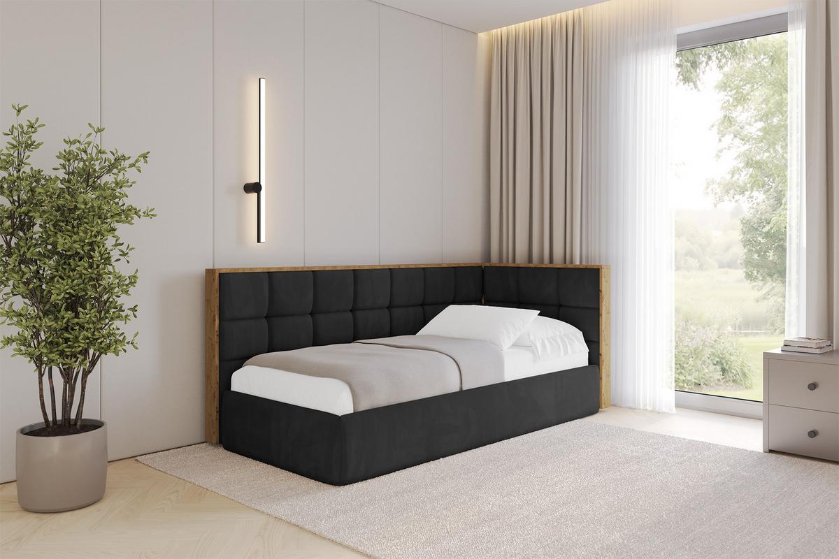 EINZELLBETT Jugendbett mit Bettkasten und Matratze H3/H4, Links - SOVY 80x200 Schwarz - Schwarz, Holzwerkstoff/Textil (80/200cm) - ALTDECOR