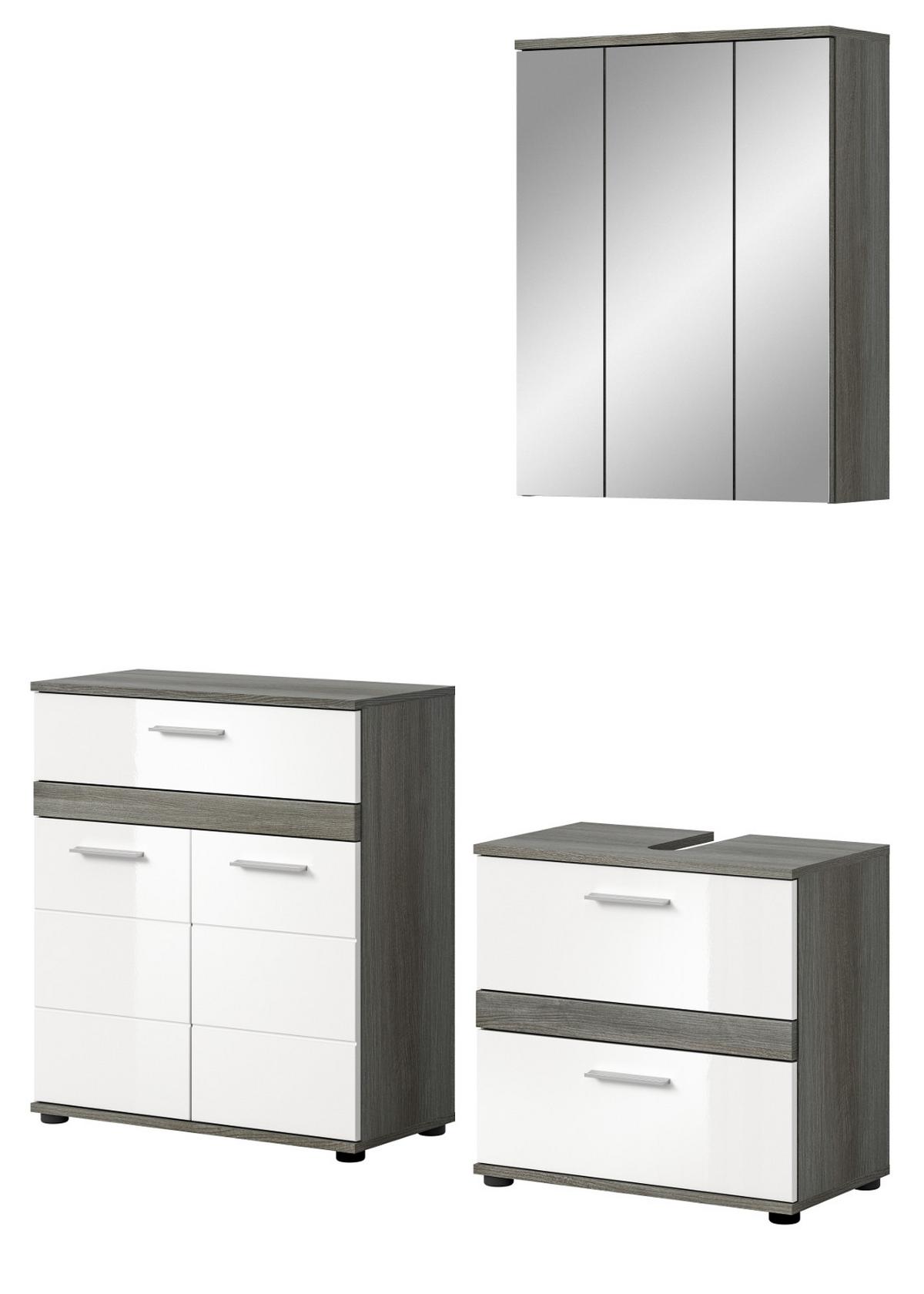 BADMÖBEL-SET 3-teilig weiß Hochglanz, grau 146 cm, Kombination mit viel Stauraum - Weiß Hochglanz/Grau, Holzwerkstoff (146/191/34cm) - Inn.Furn