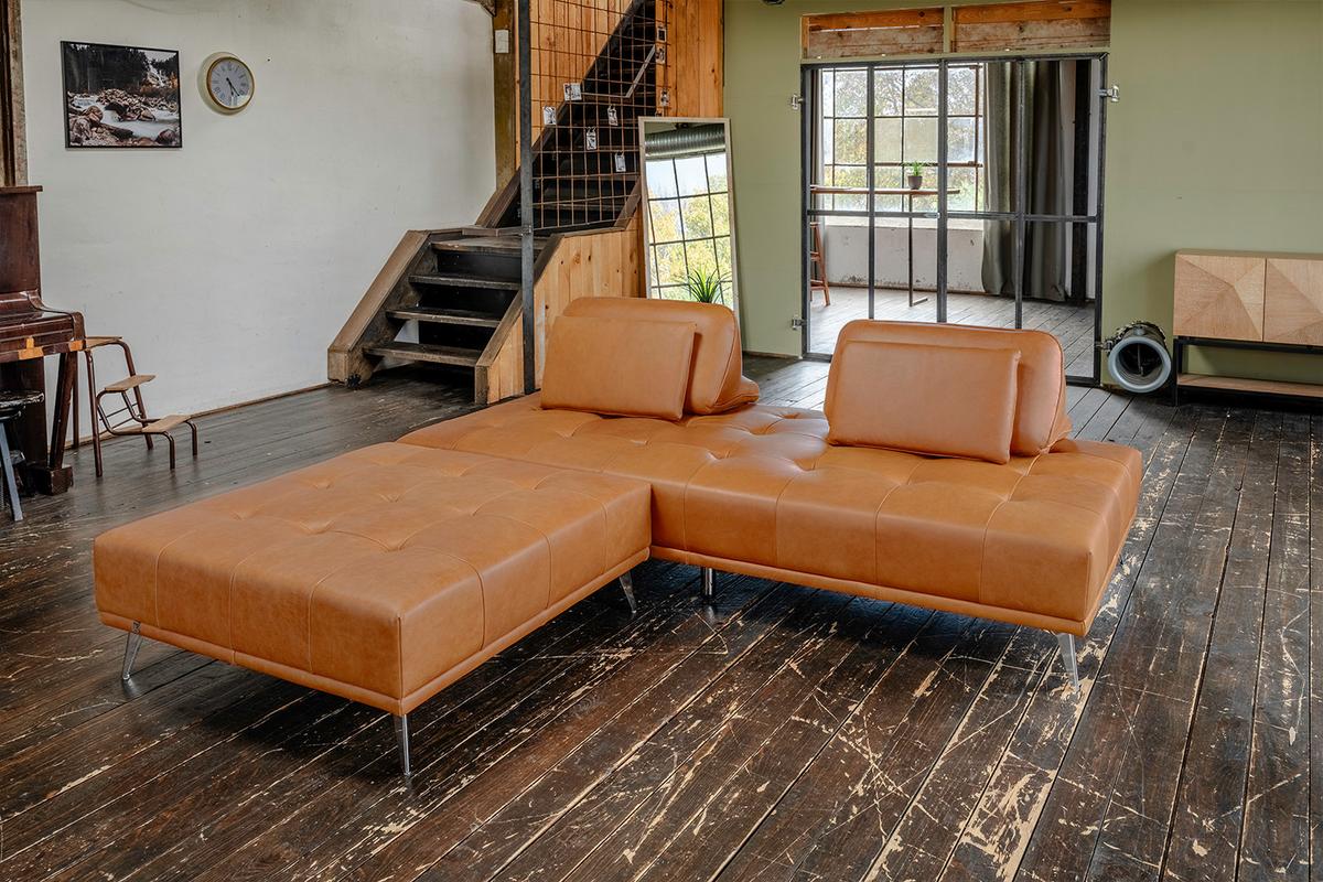 SOFA MIT HOCKER WIOLO 2ER SET Braun Leder - Silberfarben/Braun, Leder/Metall (240/83/110cm) - KAWOLA