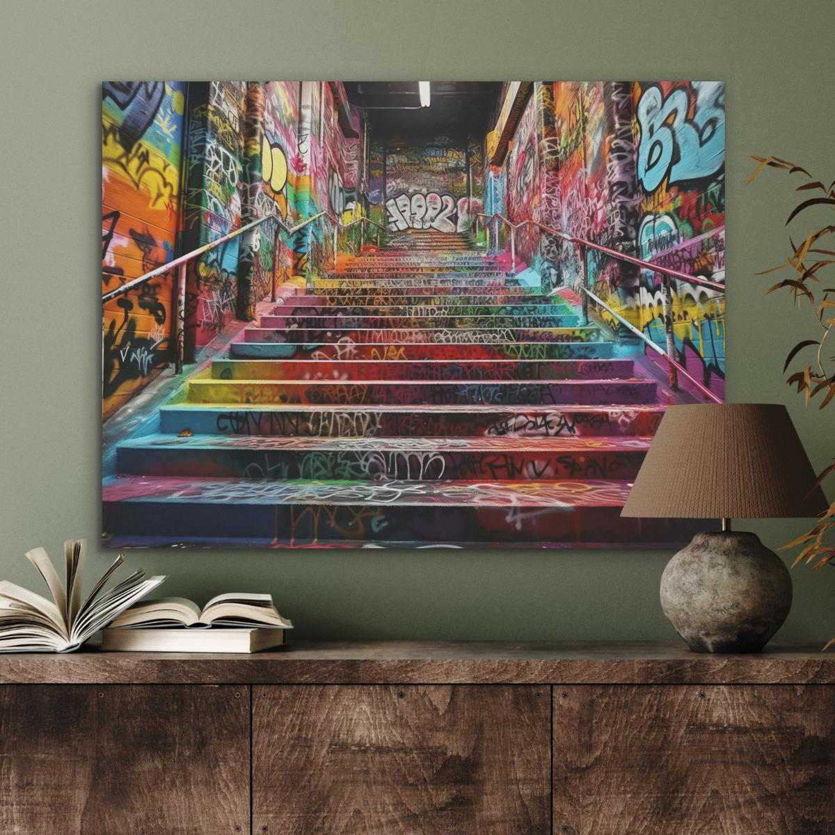 AKUSTIKBILD Treppe - Graffiti - Farben - Kunst Gemälde 80x60 cm - Multicolor, Kunststoff (80/60/0.9cm) - MuchoWow