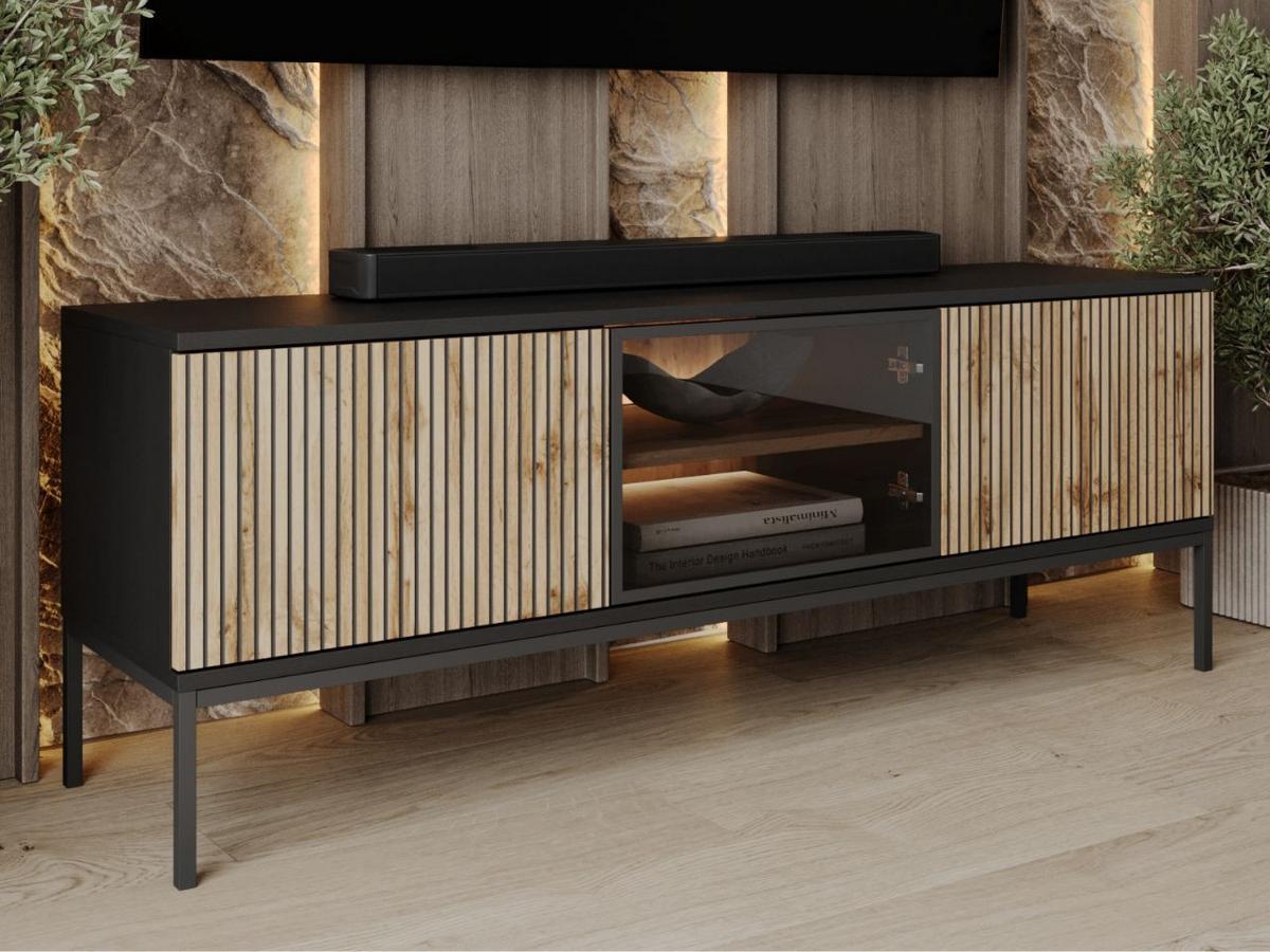 TV-SCHRANK Graphit, Wotan Eichefarben 154 cm Deo - Eiche Wotan/Schwarz, Glas/Naturmaterialien (154/56/39cm) - Graingold