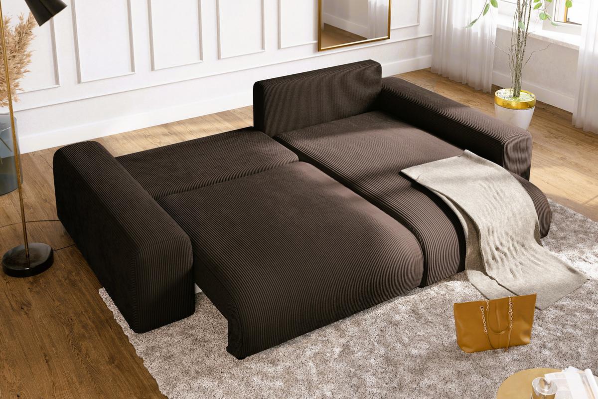 ECKSOFA mit Schlaffunktion, Bettkasten, Wellenunterfederung, seitenverkehrt montierbar B255/T165/H84 cm, Liegefl. 148x196 cm, Cord Dunkelbraun / 21003 - Dunkelbraun/Schwarz, Kunststoff/Textil (255/165cm) - luma-home