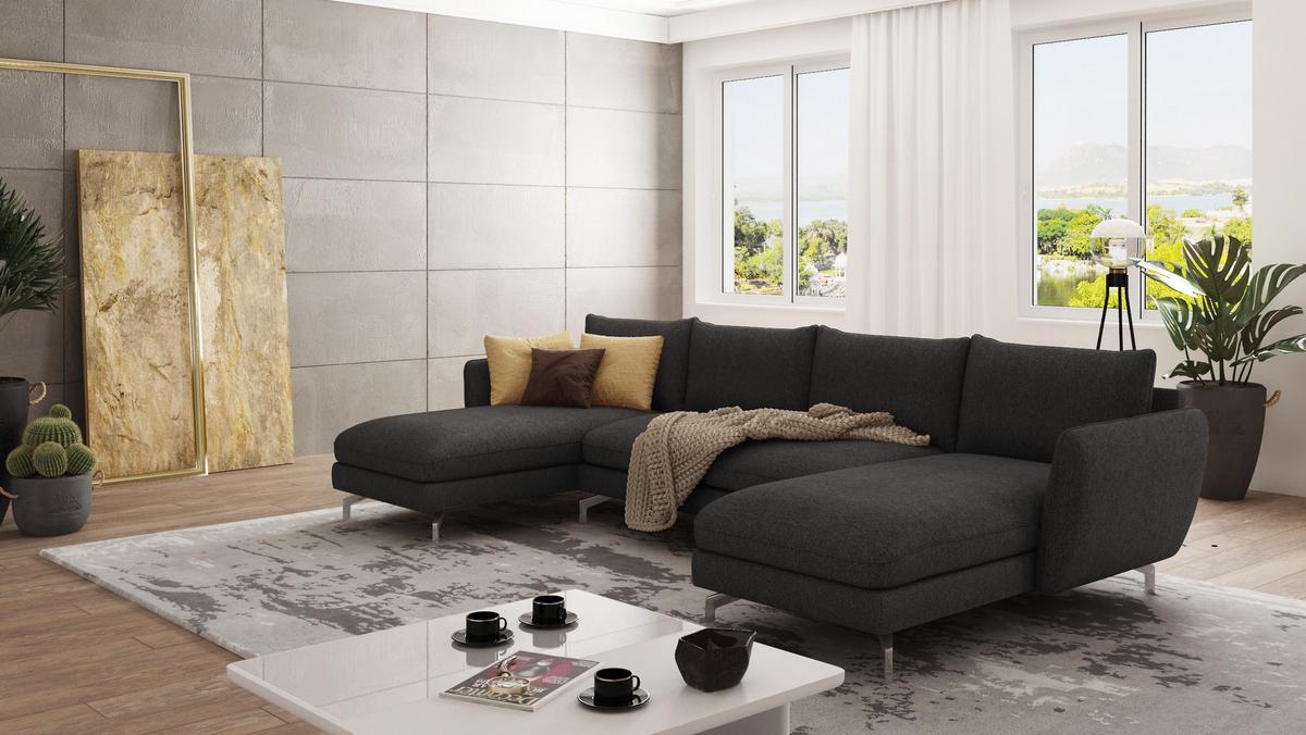 WOHNLANDSCHAFT Elou Graphit Luxusmicrofaser - Chromfarben/Graphitfarben, Textil/Metall (349/87/167cm) - S-Style Möbel