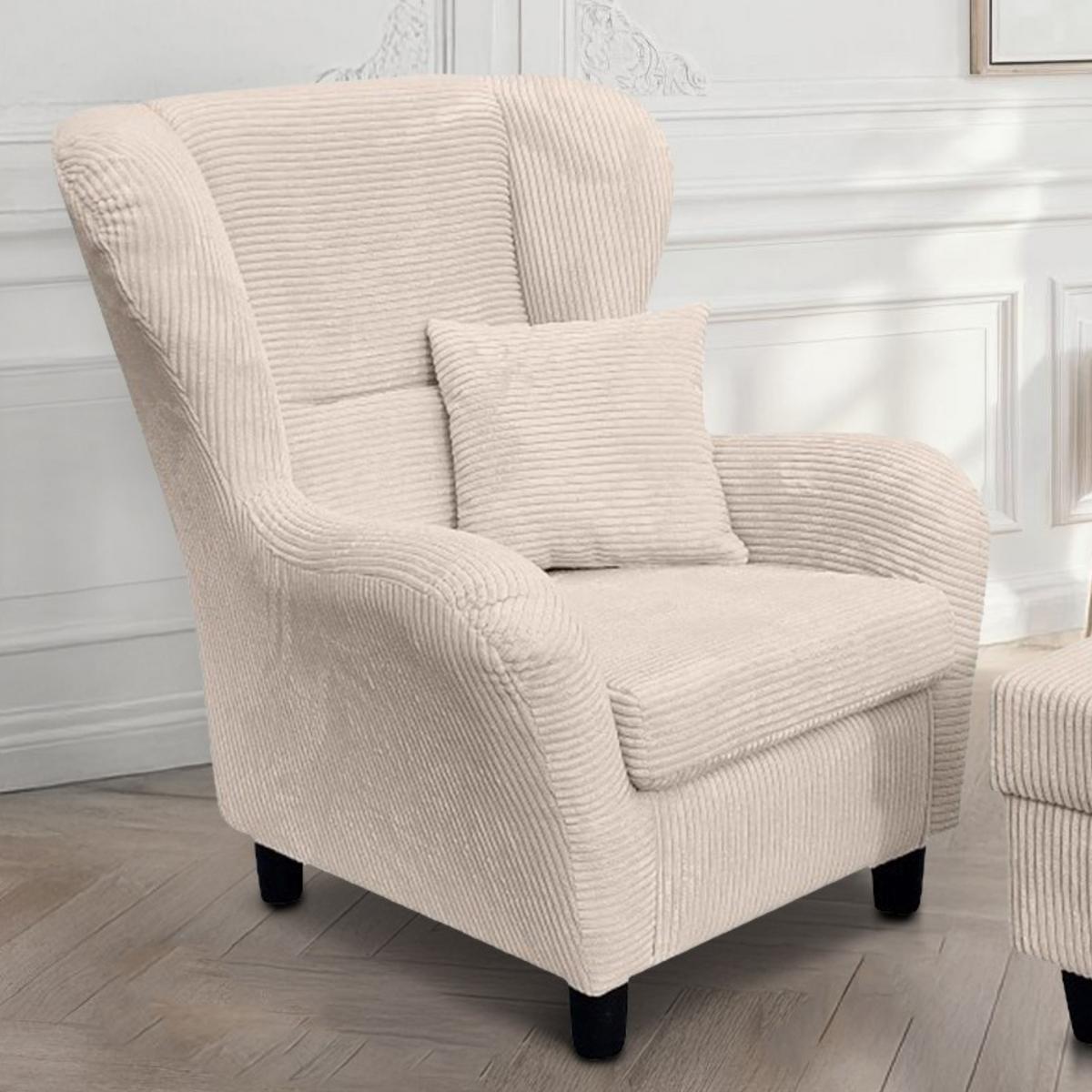 OHRENSESSEL mit HOCKER, hoher Sitzkomfort durch Wellenunterfederung B90/H98/T76 cm, Cord Beige Creme / 18017 - Beige/Schwarz, Holz/Textil (90/98/76cm) - luma-home