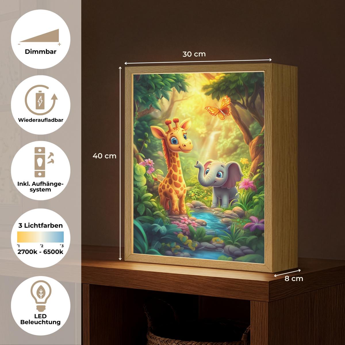 NACHTTISCHLAMPE MIT AKKU Giraffe - Elefant - Blumen - Dschungel 30x40 cm - Grün, Holzwerkstoff (8/30/40cm) - OnlyWow