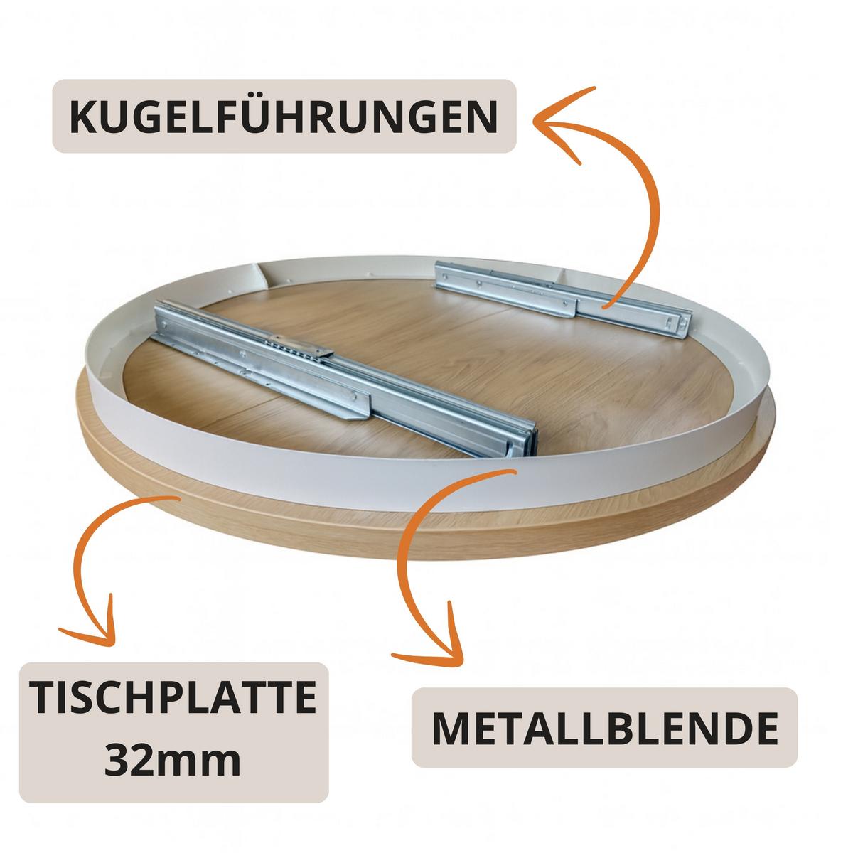 ESSTISCH Lumi, Runder, ausziehbar auf 180 cm, mit Metallbeinen, Kaschmir+Weiß - Kaschmir/Weiß, Holzwerkstoff/Metall (100/100/77cm) - Beautysofa