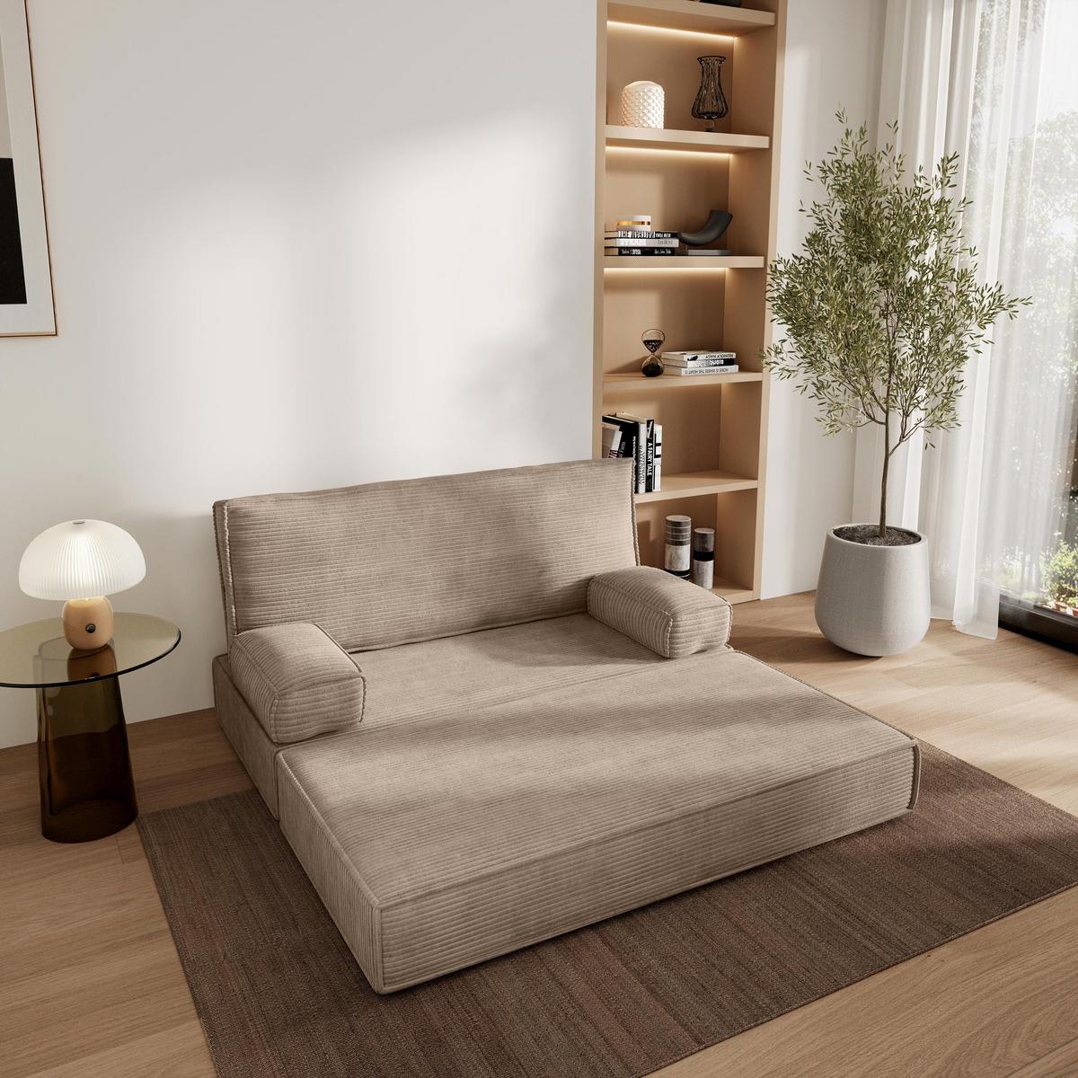 BETTSOFA LADIA aus Schaumstoff Kordstoff Beige Schlaffunktion - Beige, Textil (140/86/60cm) - MASSENO