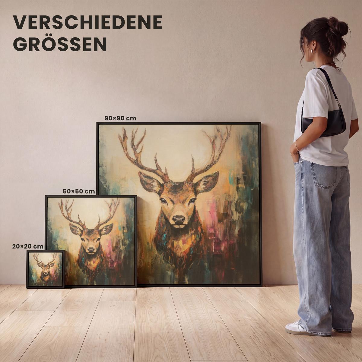LEINWAND Bilder mit Rahmen - Hirsch - Gemalt - Geweih - Braun - 50x50 - Haselnussfarben, Textil (50/50cm) - MuchoWow