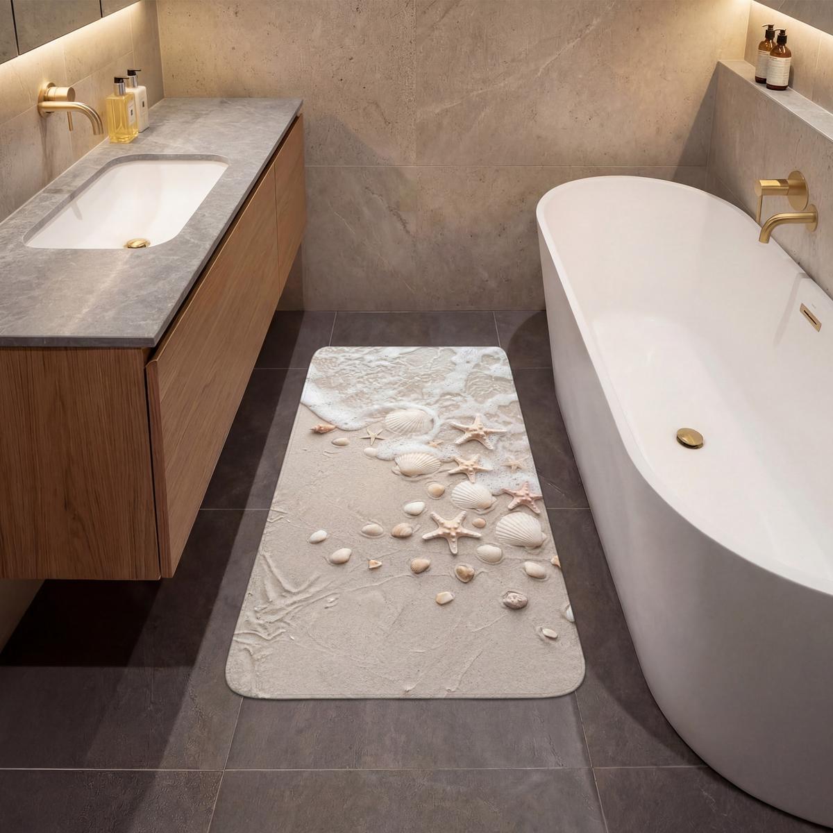 BADEMATTE Muscheln - Seesterne - Strand 60x120 cm - Sandfarben/Creme, Textil (60/120cm) - OnlyWow
