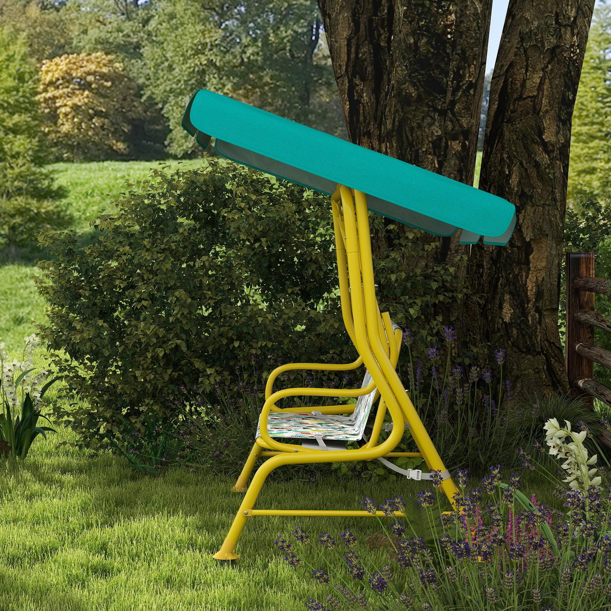 KINDER Hollywoodschaukel, 2-Sitzer Kinderschaukel mit verstellbarem Sonnendach - Gelb/Grün, Textil/Metall (75/120/112cm) - AIYAPLAY