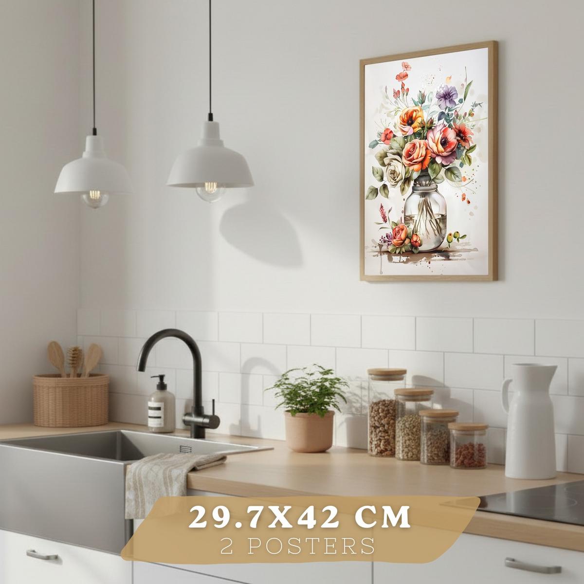 POSTER 4er Set Blumen Küchen-Wandbilder Gießkanne Vase Utensilien Botanisches Aquarell Wohnzimmer Deko Schwarzer Rahmen A3 - Schwarz, Papier (29.7/1/42cm) - Nacnic