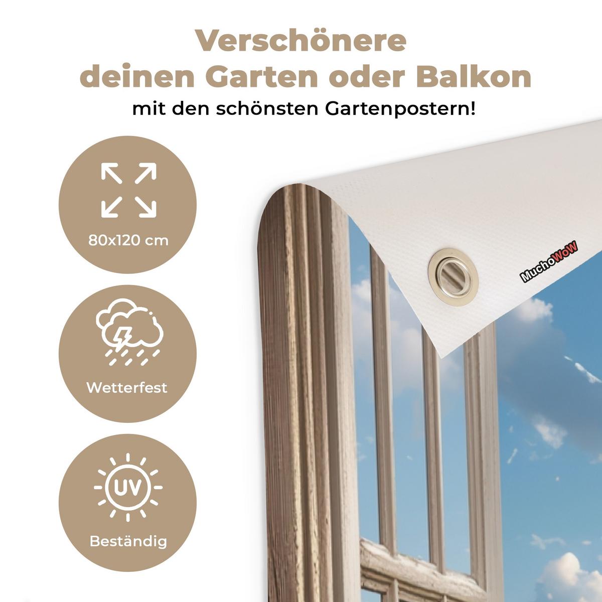 GARTENPOSTER Aussicht - Strand - Fenster - Dünen - Meer Outdoor Bilder 80x120 cm - Hellblau, Kunststoff (80/120/0.2cm) - OnlyWow
