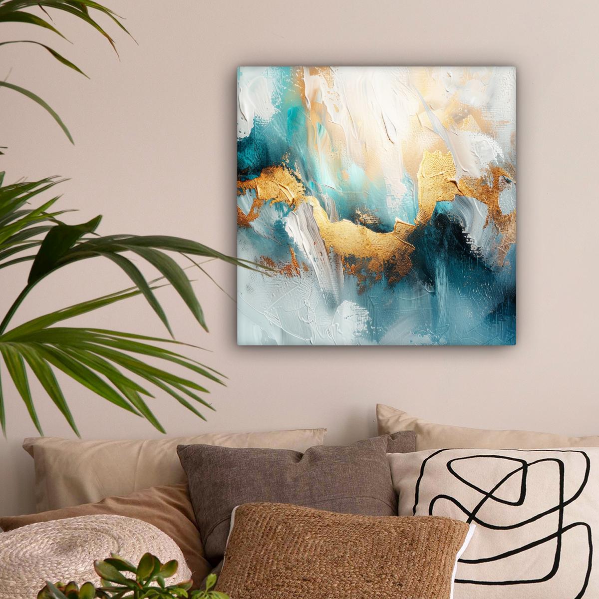 LEINWANDBILD Abstrakt - Kunst - Gold - Blau Wandbild Wohnzimmer 50x50 cm - Petrol, Textil (50/50cm) - MuchoWow