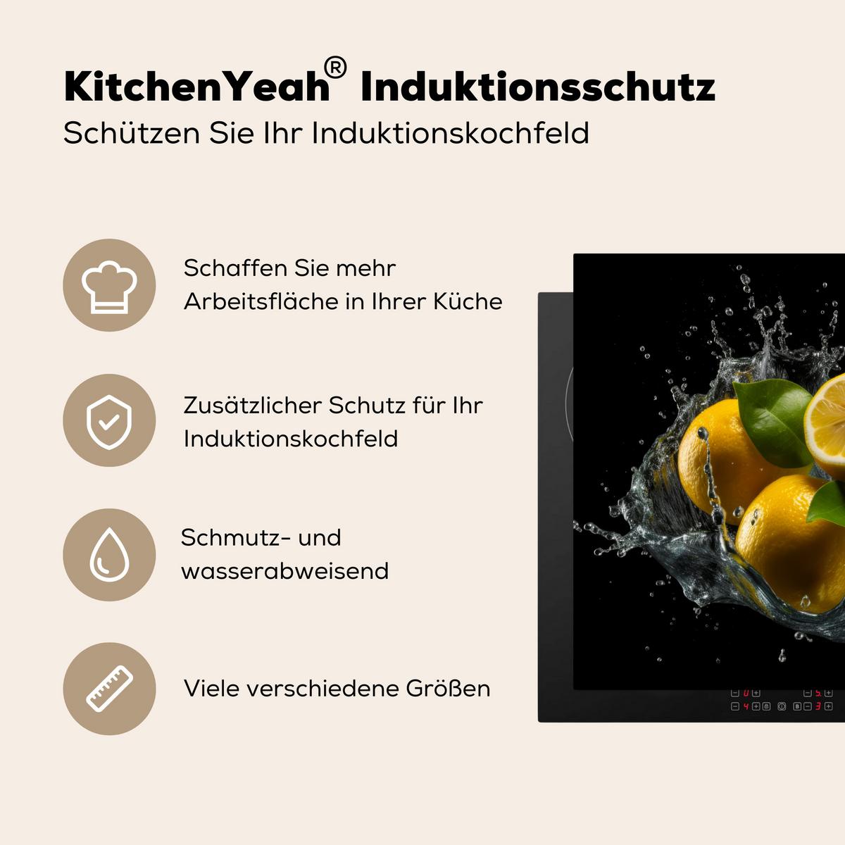 HERDABDECKPLATTE Zitrone - Obst - Gelb - Schwarz Induktionsmatte 77x59 cm - Gelb, Kunststoff (77/59/0.2cm) - MuchoWow