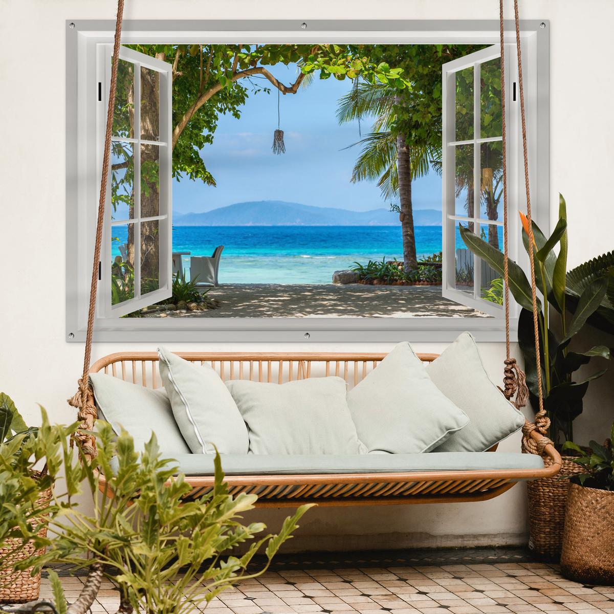 GARTENPOSTER Aussicht - Baum - Meer - Palme - Hügel - Strand - Blau Poster für draußen 180x120 cm - Weiß, Kunststoff (180/120/0.2cm) - OnlyWow