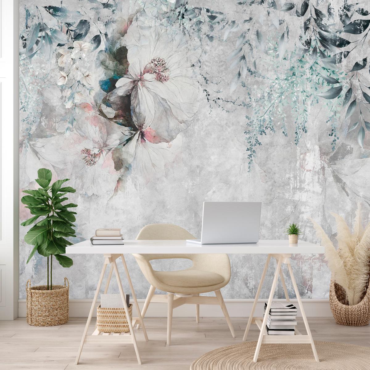 FOTOTAPETE für Schlafzimmer Zarte Blätter Beton Blumen Natur 200x140 - Schwarz/Rosa, Papier (200/140cm) - Muralo