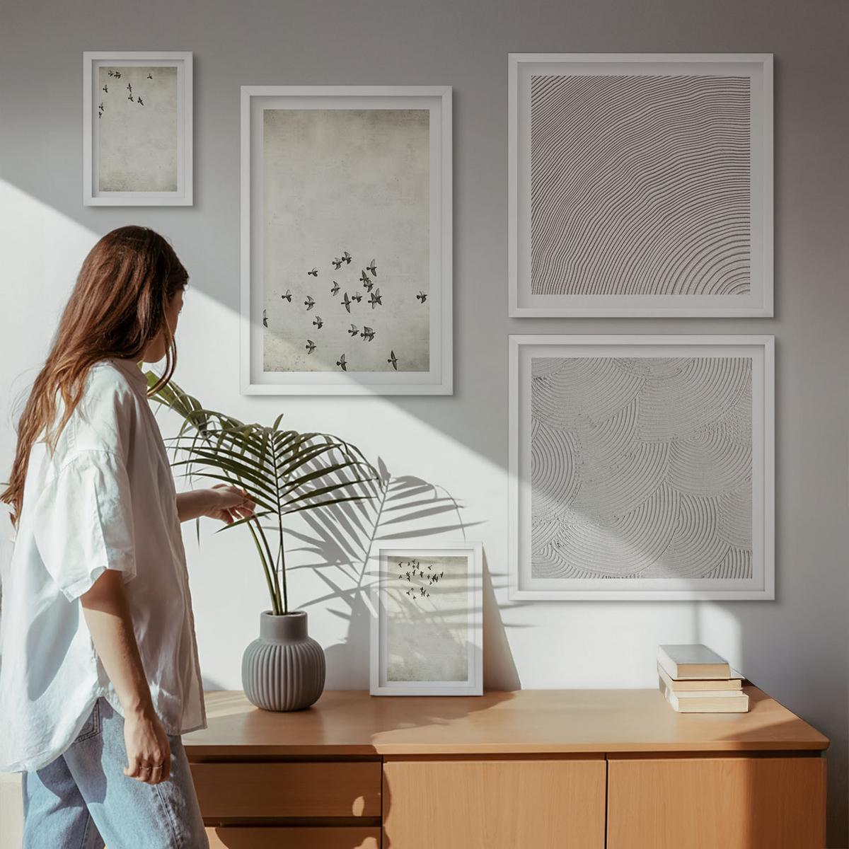 BILDER SET 5er Set - 50x50 cm & 20x30 cm & 40x60 cm Weißer Rahmen - Minimalistische Vogelmalerei - Weiß, Kunststoff (40/60cm) - TULUP