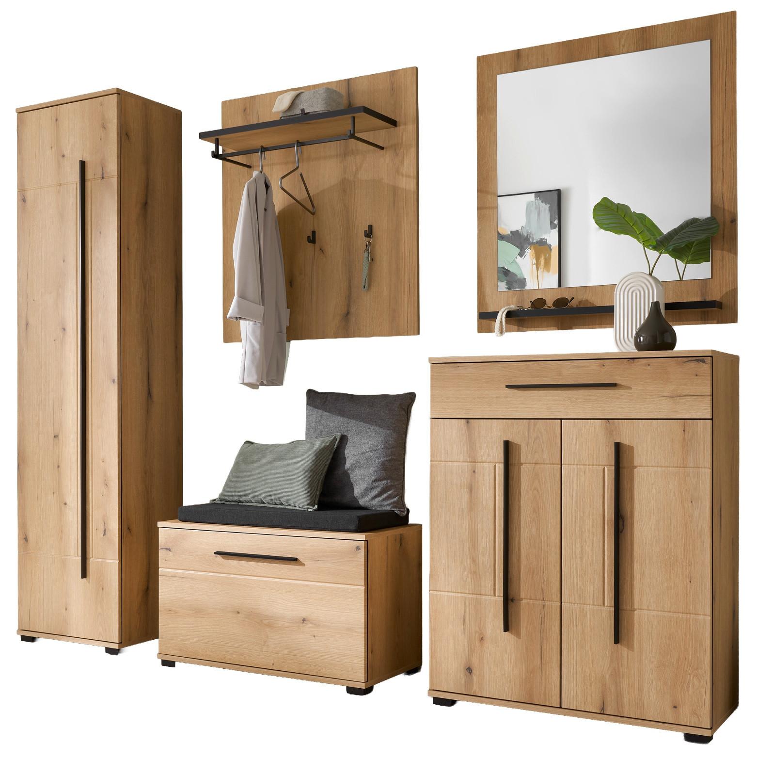 GARDEROBEN-SET Evoke Eiche 6-teilig 230 cm, Flurgarderobe mit Soft-Close - Dunkelgrau/Eichefarben, Glas/Holzwerkstoff (230/200/40cm) - Furn.Design