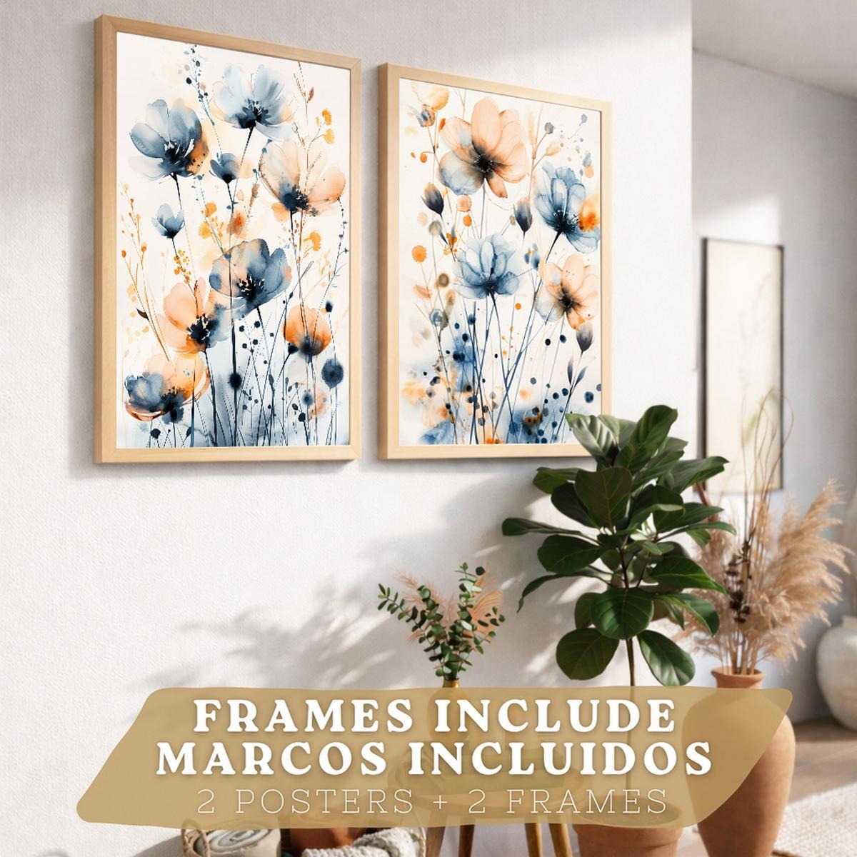 POSTER 2er-Set Wandbilder Blumen Blau Orange Boho modern Wohnzimmer Deko, Schlafzimmer, Küche, Badezimmer Rahmenlos A3 - Beige, Papier (29.7/1/42cm) - Nacnic