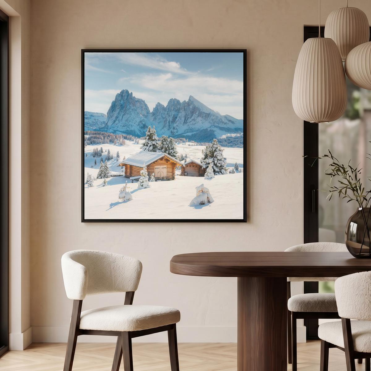 LEINWAND Bilder mit Rahmen - Winter - Hütte - Berge - Aussicht - Schnee - 90x90 - Eichefarben, Textil (90/90cm) - MuchoWow