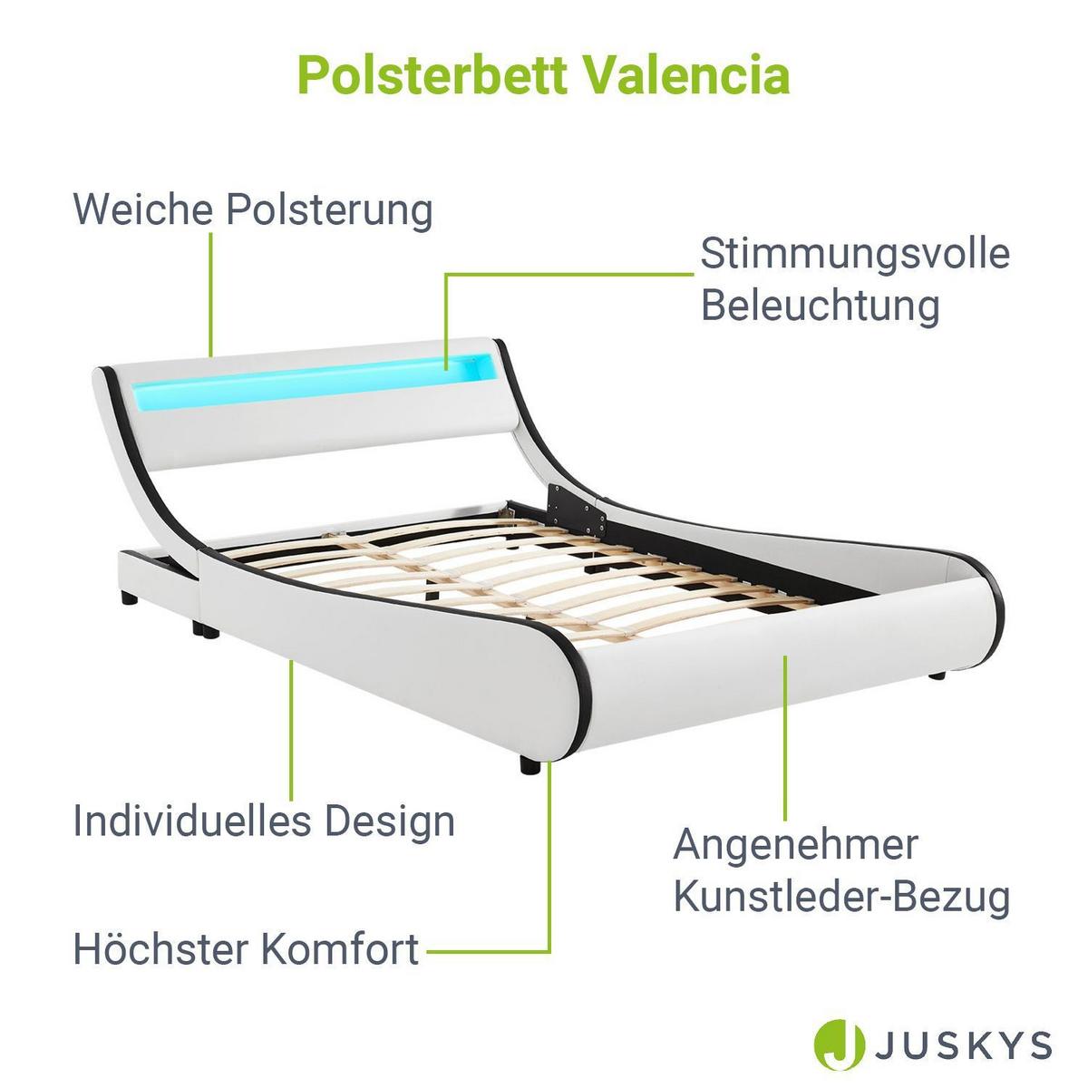 POLSTERBETT Valencia weiß 140x200cm mit Matratze und LED (16 Farben) - Weiß, Textil (140/200cm) - Juskys