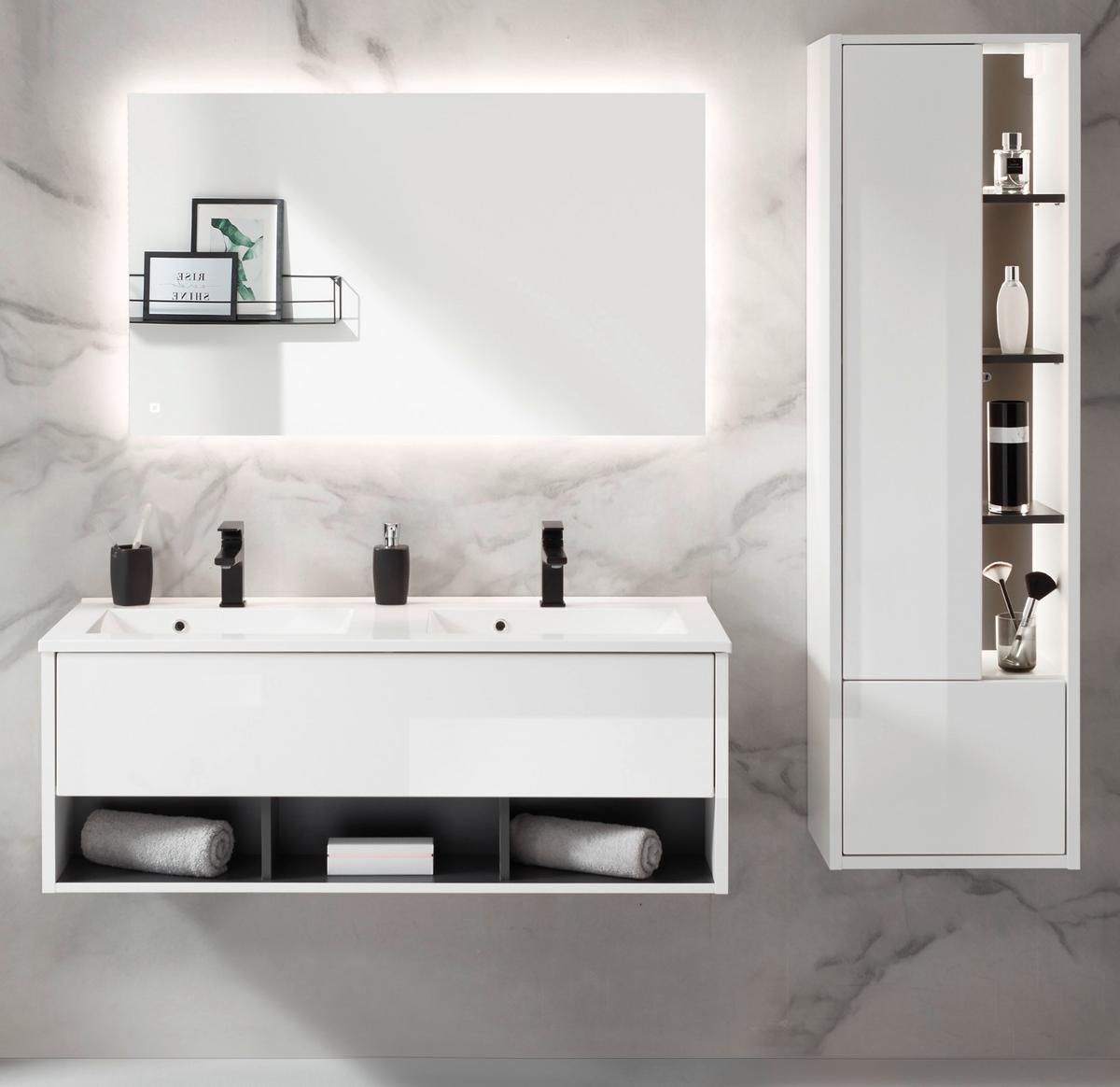 BADMÖBEL-SET weiß Hochglanz, grau, Badezimmerschränke mit Doppelwaschbecken und LED Beleuchtung - Weiß Hochglanz/Grau, Glas/Holzwerkstoff (175/190/47cm) - Furn.Design