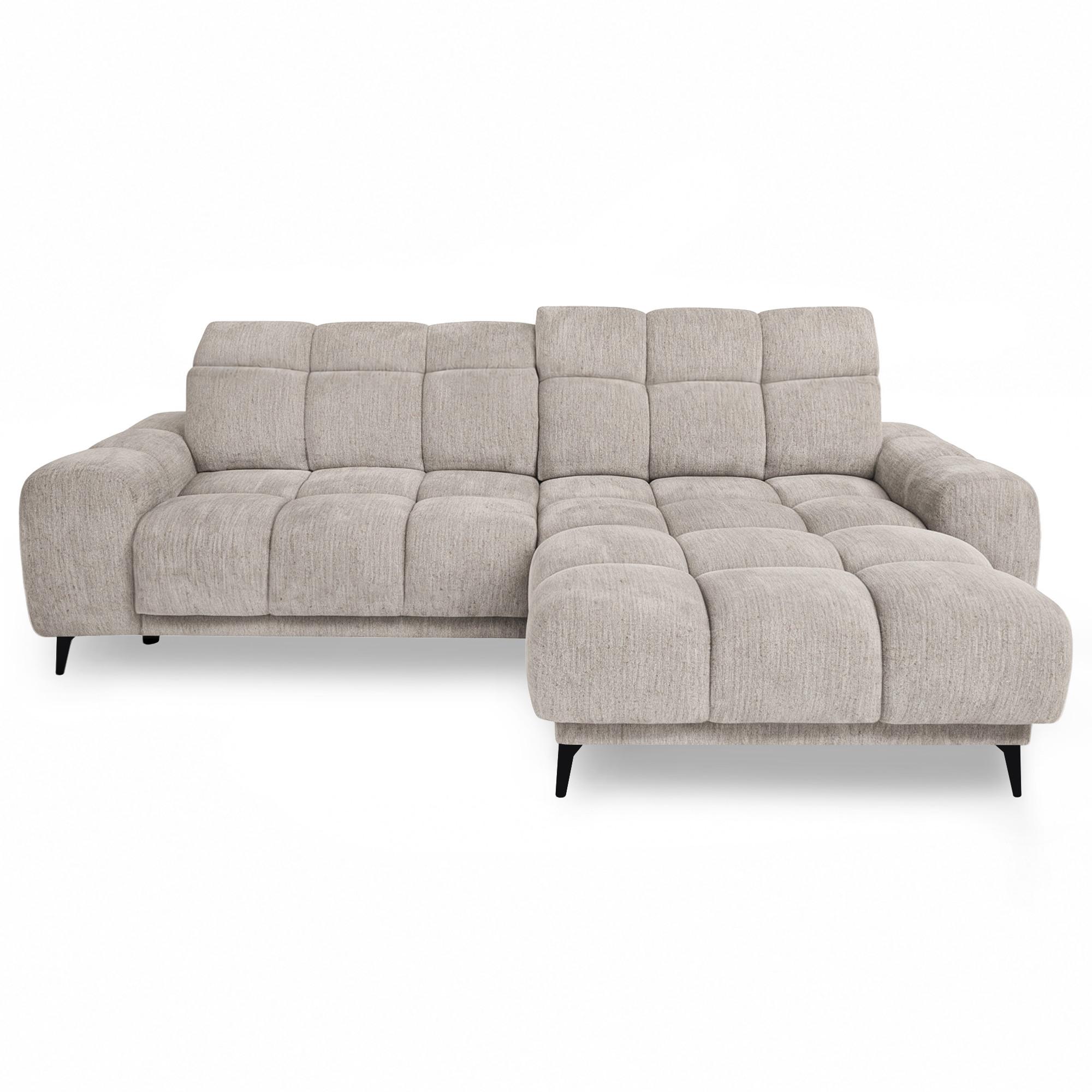 ECKSOFA Marco Mini mit elektrisch ausfahrbarem Sitz und verstellbaren Kopfstützen, Rechts, Chenille-Stoff, Beige - Beige/Schwarz, Textil (275/182cm) - Beautysofa