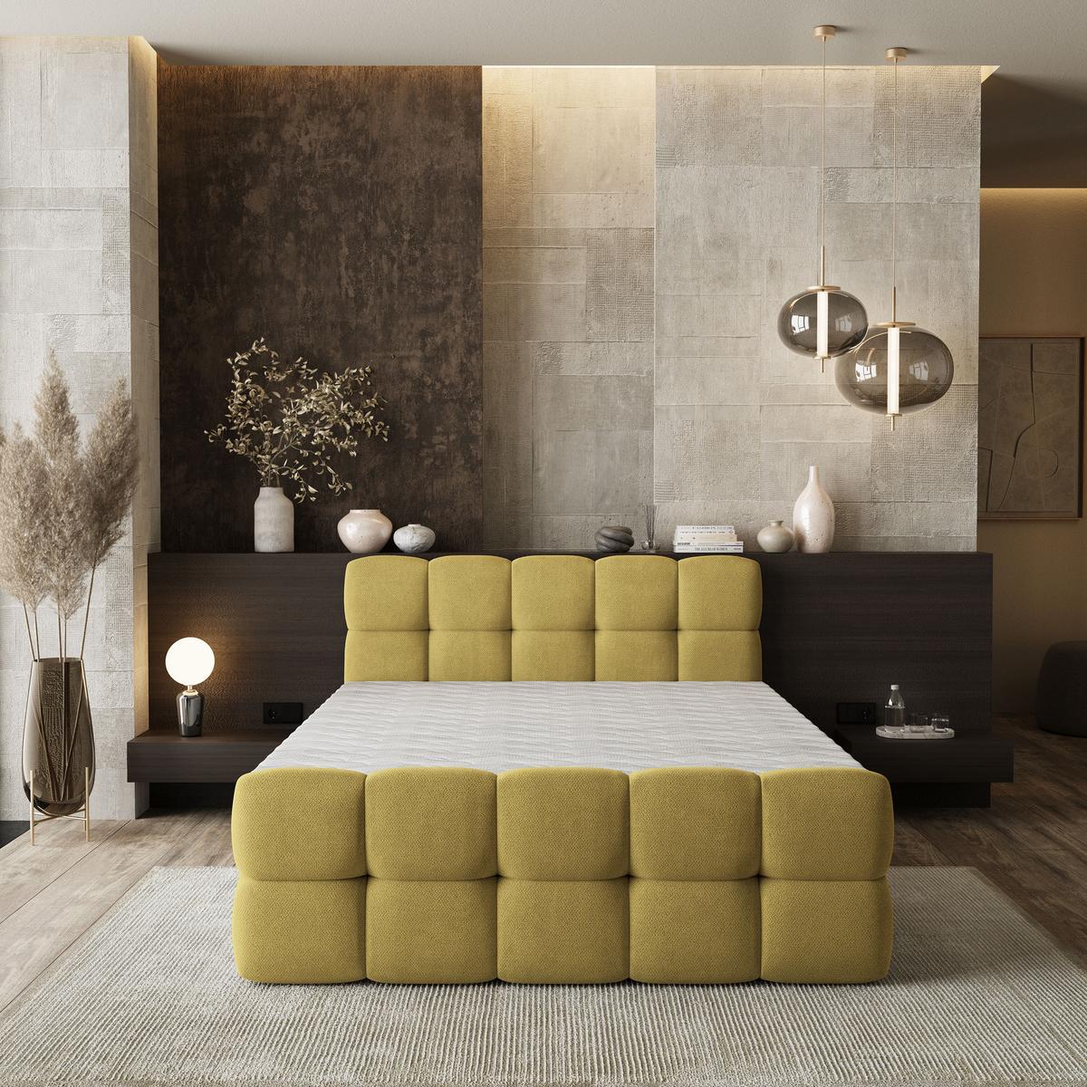 BOXBETT BRUME 200x200 cm mit Matratze und Topper, H2+H3 - Gelb - Gelb, Holz (200/200cm) - MASSENO