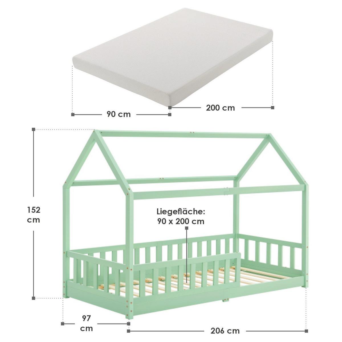 KINDERBETT Marli mit Matratze mint 90x200 cm - Mintgrün, Holz (90/200cm) - Juskys