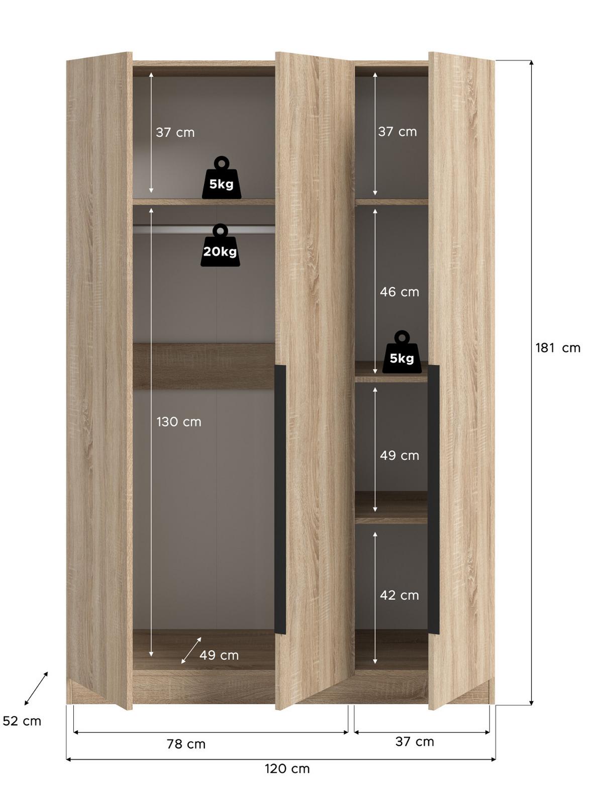 KLEIDERSCHRANK Eiche Sonoma 3-türig 120 x 181 cm, Drehtürenschrank mit Kleiderstange - Eichefarben/Schwarz, Holzwerkstoff/Kunststoff (120/181/52cm) - Inn.Furn