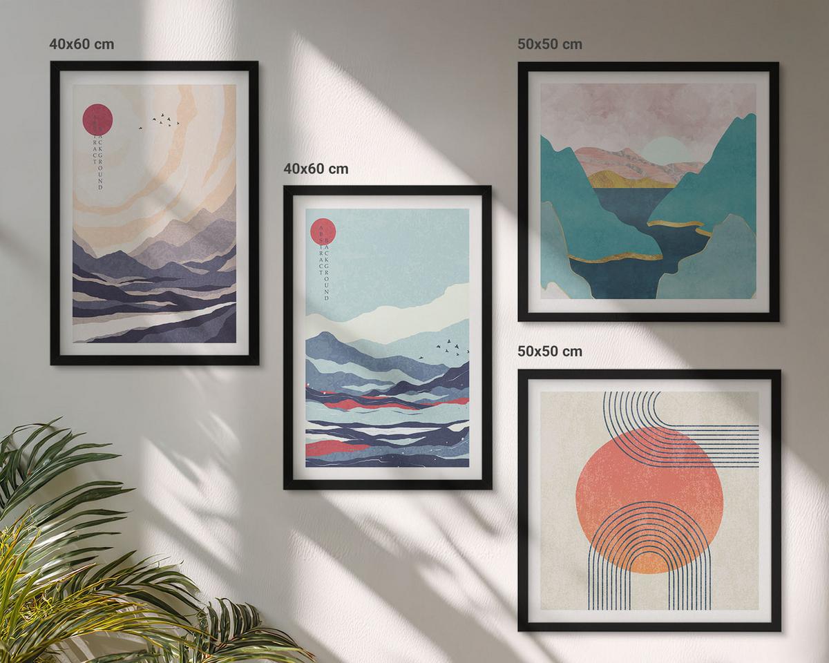 BILDER SET 4er Set - 50x50 cm & 40x60 cm Schwarzer Rahmen - Japanische Berglandschaften - Schwarz, Kunststoff (50/50cm) - TULUP